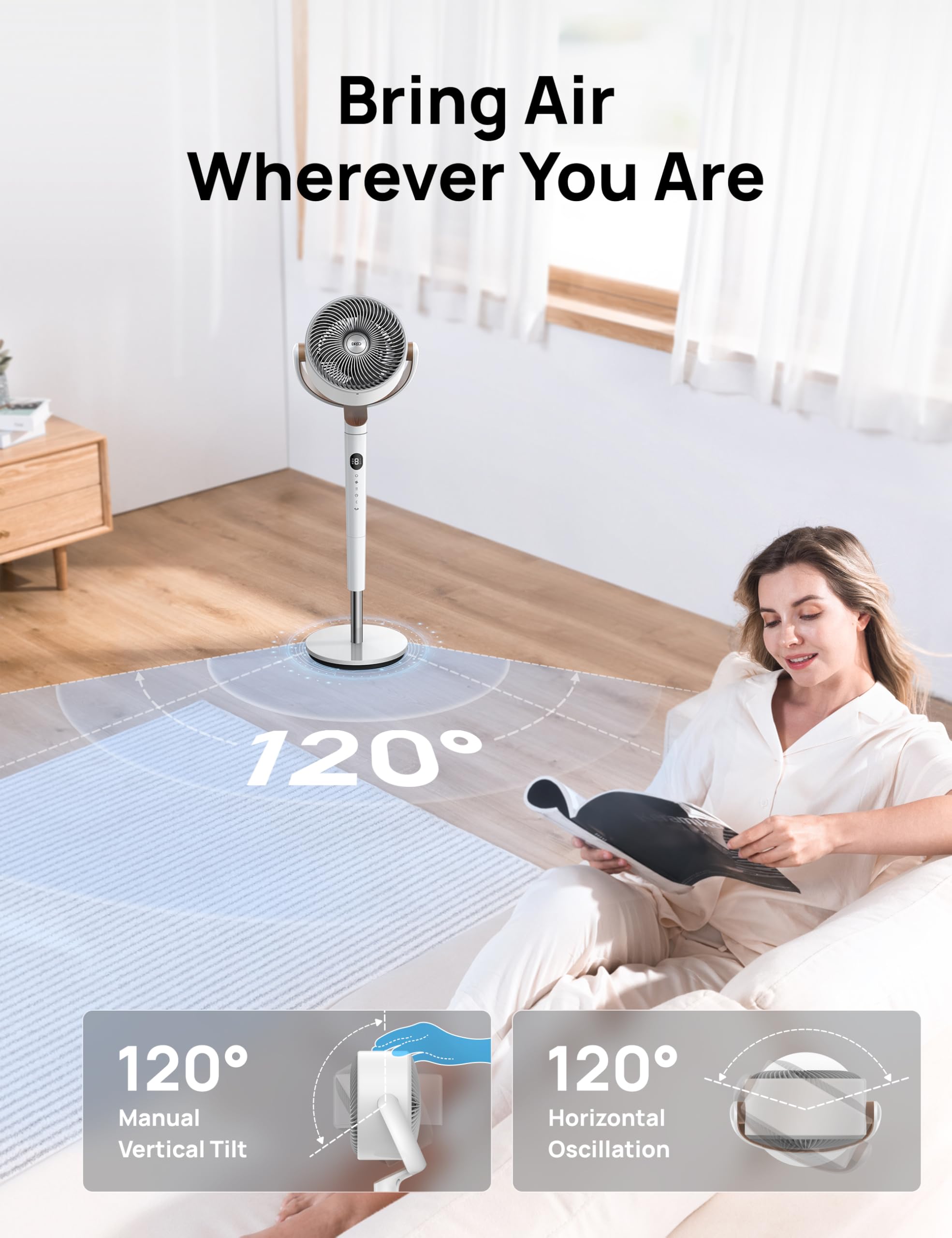 Dreo Fan For Bedroom, 120 Oscillating Standing Fan, Quiet Floor Fan With Dc Motor, Pedestal Fan For Room, 8 Speeds, 3 Modes, 20D