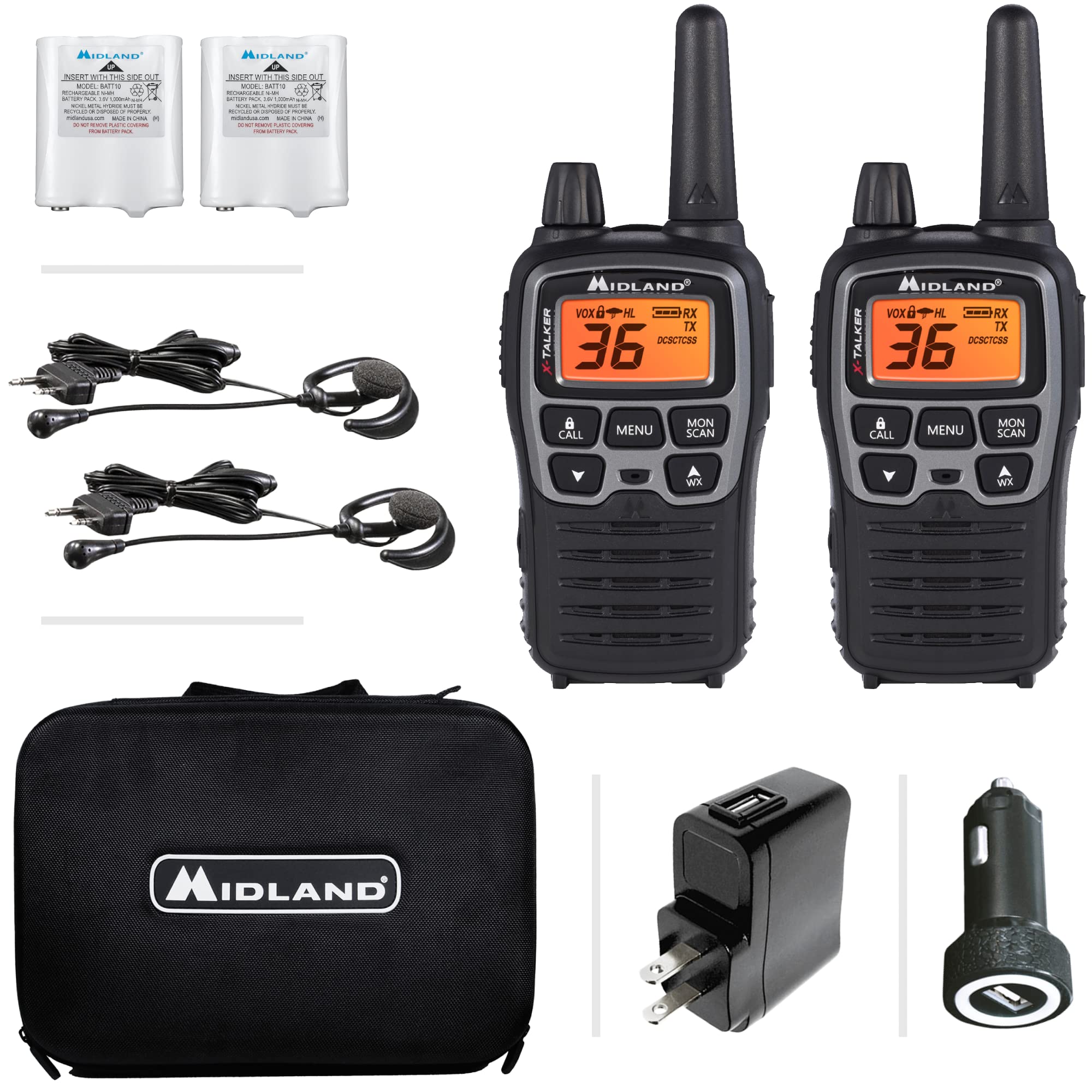 Midland T77Vp5 X Talker Long Range Walkie Talkie Frs Two Way Radio For Camping Overlanding Noaa Weather Scan + Alert, 121 Privacy Codes   Includes Carrying Case & Headset Black/Silver, 2 Radio Bundle