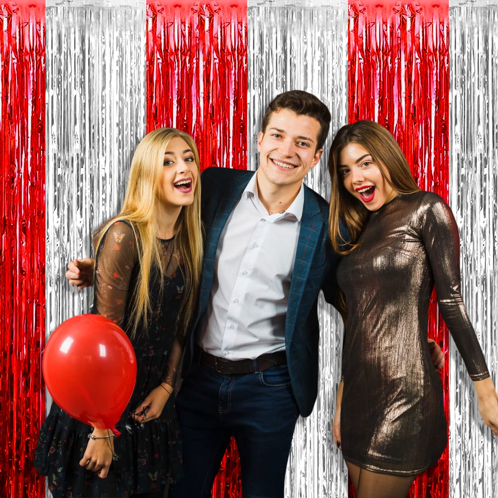 4 Pack Silver Red Foil Fringe Curtain Backdrop, 3.28Ft X 6.56Ft Metallic Tinsel Foil Fringe Streamers Curtains For Photo Booth,