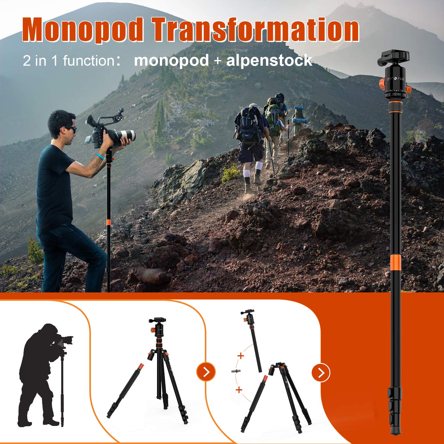 PHOPIK 77" Travel Tripod for DSLR - Lightweight, 360° Ball Head, Black, Model PT244, Supports up to 17.6 lbs, Includes Carry Bag
