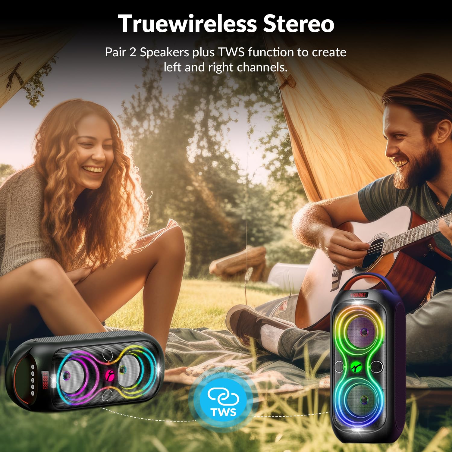 Speakers Bluetooth Wireless- 120Db Loud Sound, Dynamic 8 Led Lights, 5 Rgb Modes, Bluetooth 5.3, Tws/Usb/Tf/Aux/Fm/Mic Input, Bu
