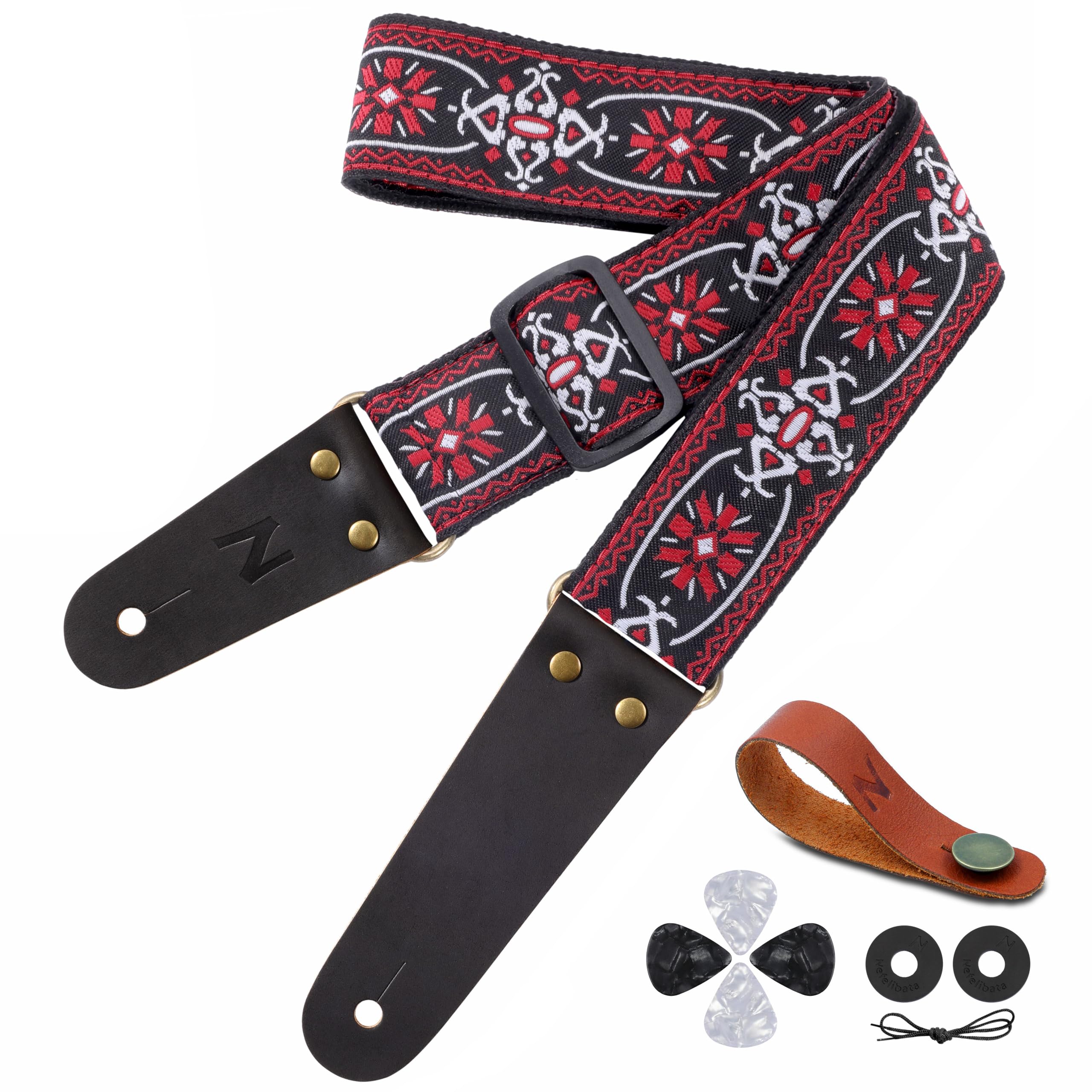 Nefelibata Guitar Strap, Embroidered Cotton Guitar Straps With Head Cowhide Leather Ends For Bass, Electric & Acoustic Guitars,