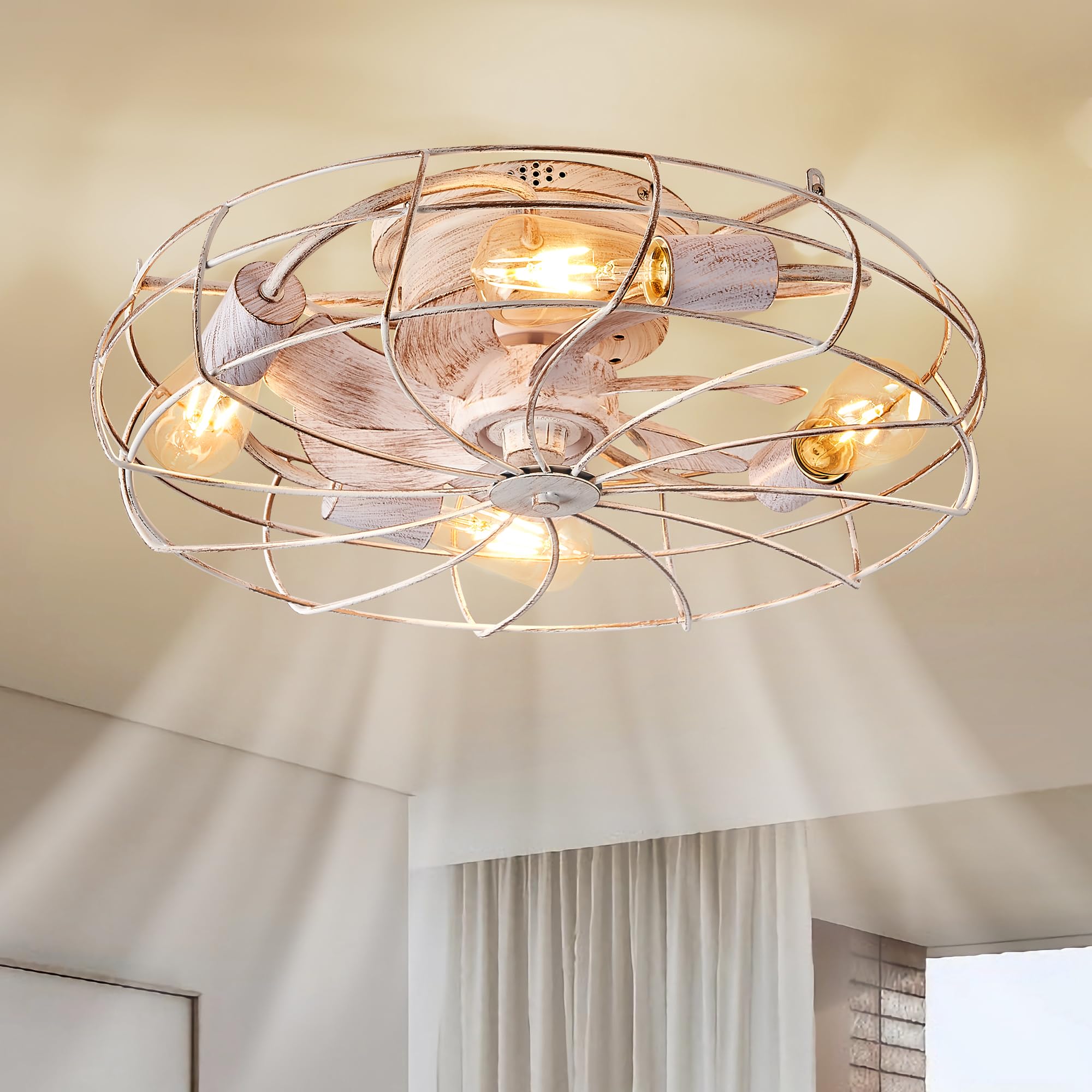 LEDIARY 20 Caged Ceiling Fans with Lights, White Flush Mount Low Profile Ceiling Fan with Remote, Small Modern Farmhouse Industr