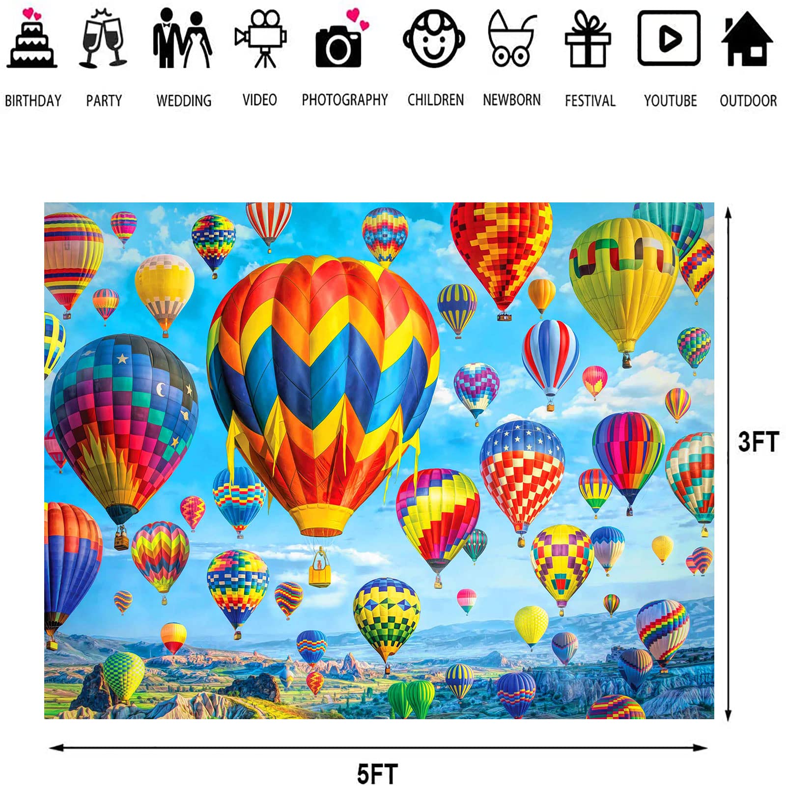 Emdspr 5X3Ft Hot Air Balloon Backdrop Colorful Rainbow Sky White Clouds Photography Background Mountains Natural Landscape Space