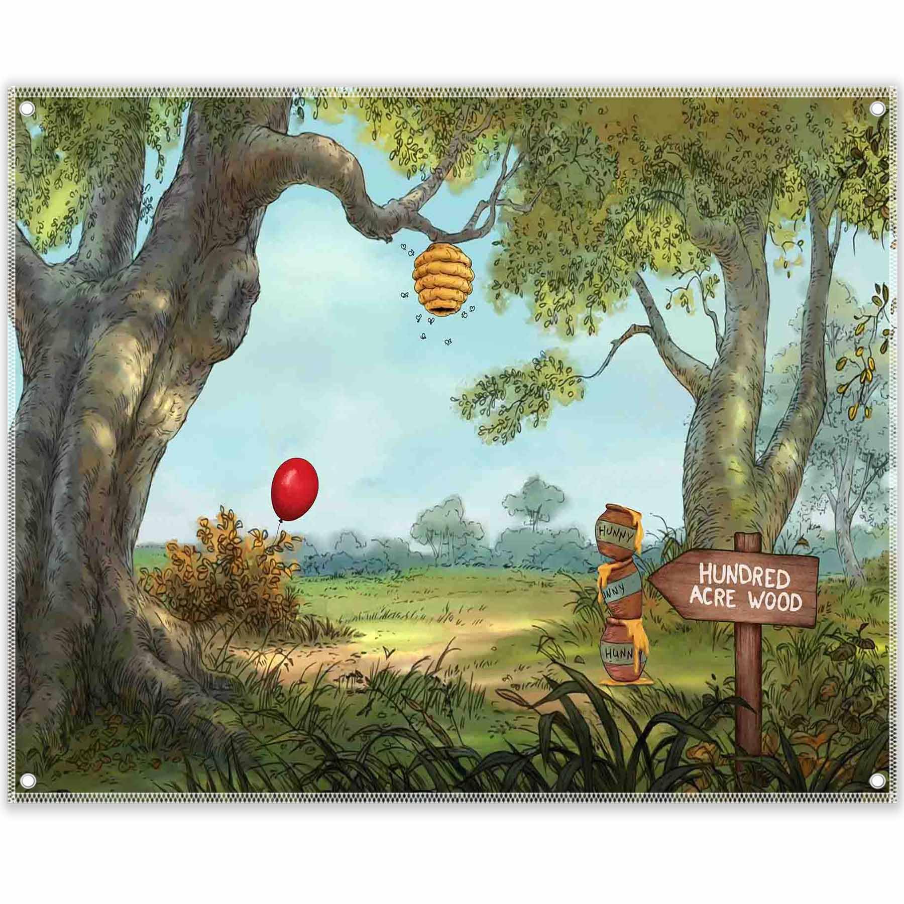 Yriujul 10X8Ft Fabric Hunny Cartoon Spring Forest Photography Backdrop Hundred Sweet Honey Bear Background Bee Acre Red Balloon