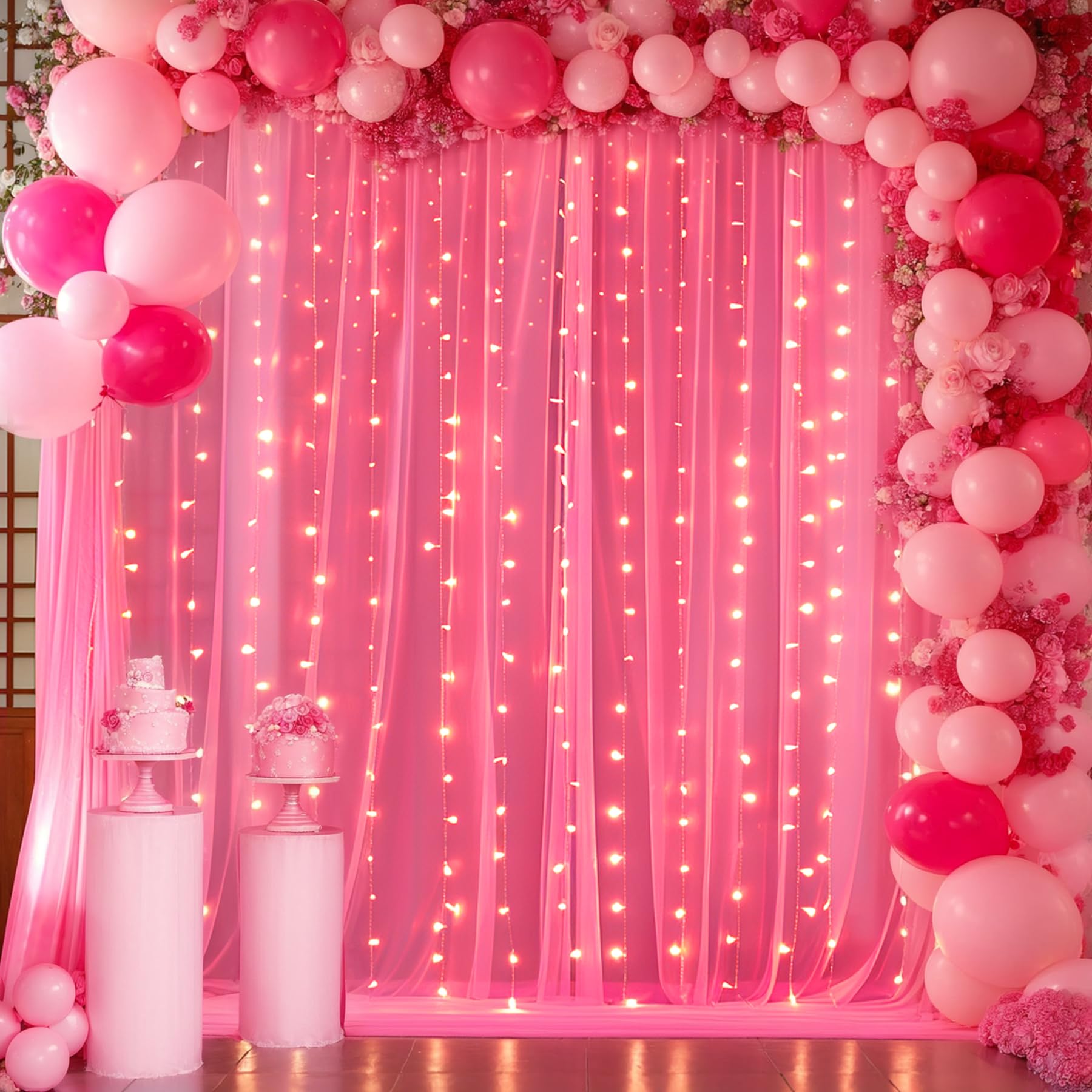 Hot Pink Tulle Backdrop Curtain With Lights For Parties 10X8Ft Fuchsia Sheer Backdrop Curtains For Weddings Birthday Baby Shower
