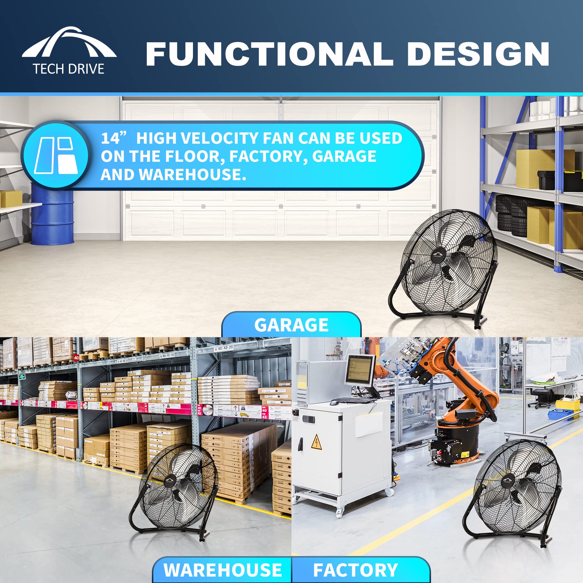 Tech Drive High Velocity Floor Fan,14 Inch Heavy Duty Metal Industrial Fans,3 Powerful Speed,360 Adjustable Tilting And All Meta