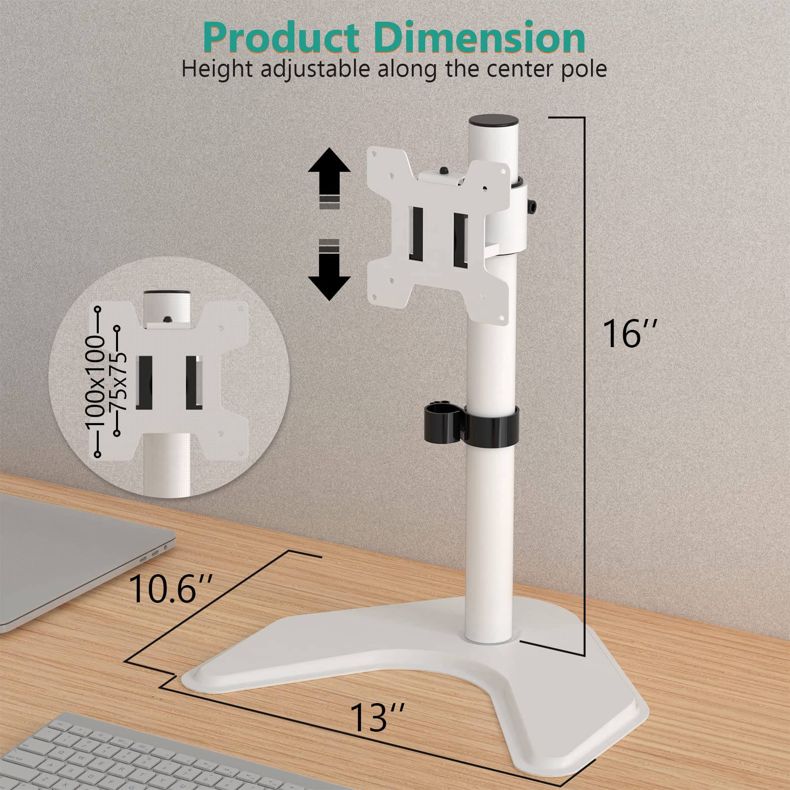 WALI Single Monitor Stand, Free Standing Desk Stand with Mounting Holes 75 to 100, Fully Adjustable Mount Fits One Screen up to 32 inch (MF001 W), White