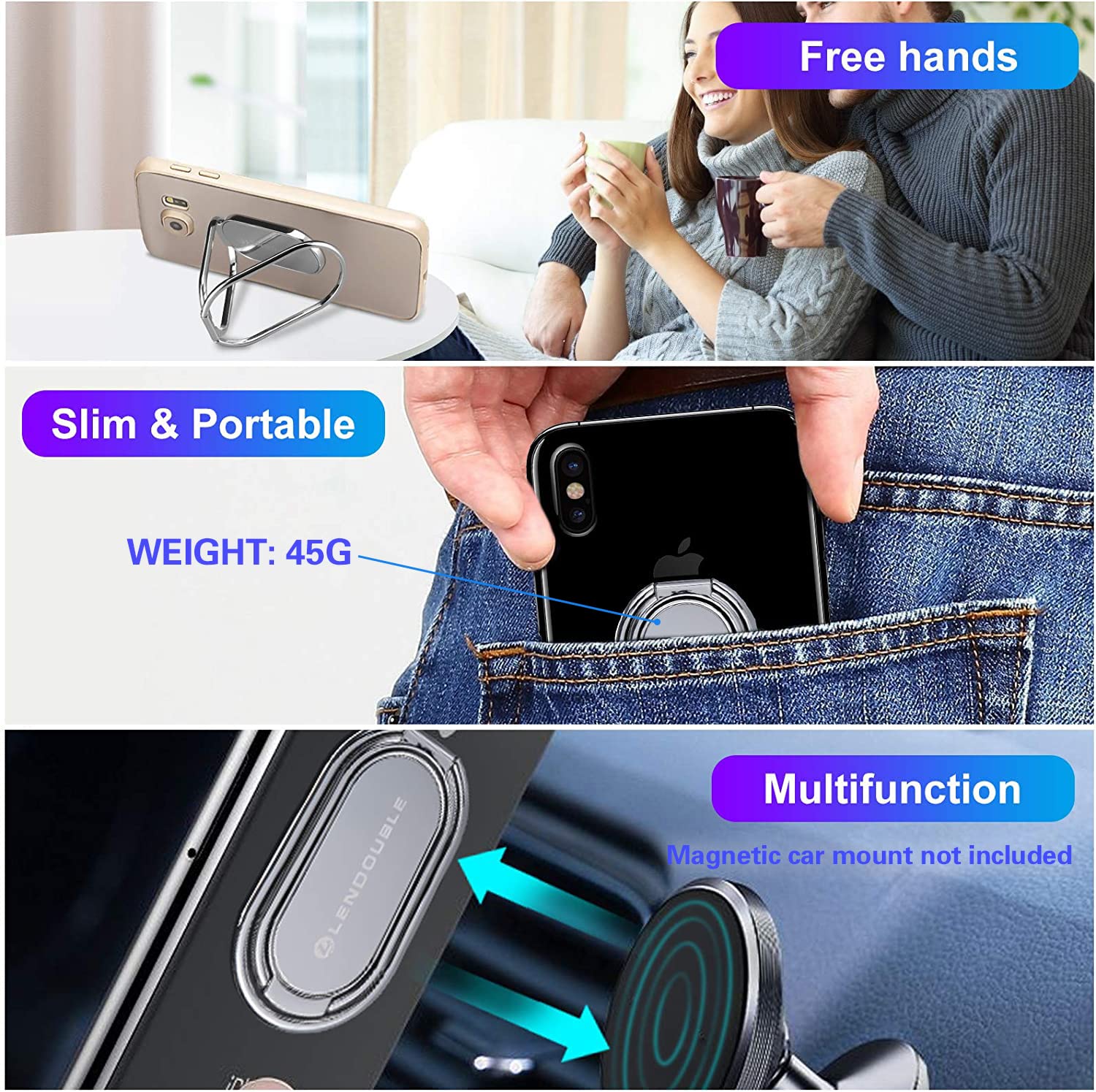 Foldable Cell Phone Stand For Desk, Adjustable Cellphone Ring Holder Finger Kickstand For Office Desktop & Magnetic Car Mount, R