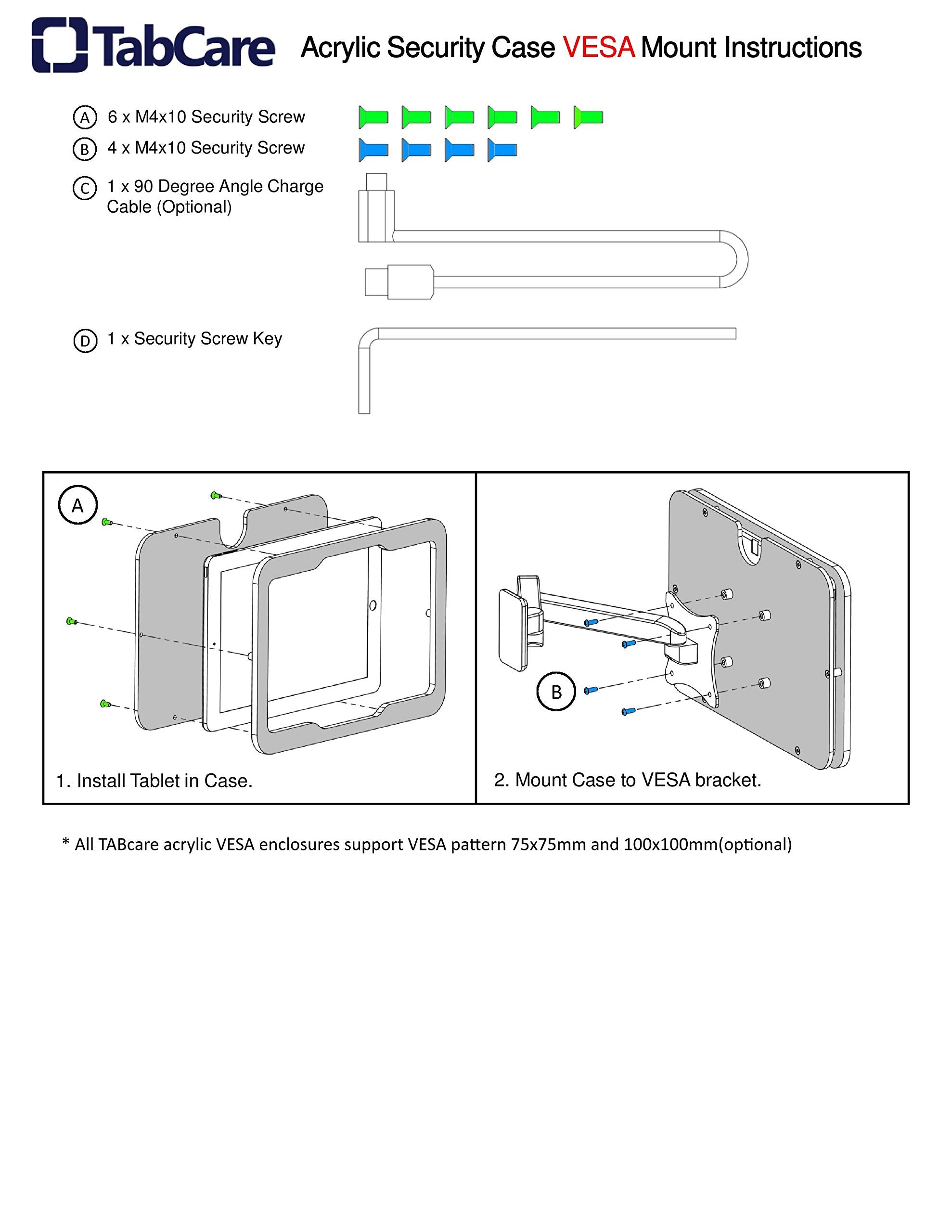 Tabcare Anti Theft Acrylic Vesa Enclosure For Apple Ipad Mini 1/2/3 With Free Wall Mount Kit & 90 Degree Angle Charge Cable (Ipad Mini 1/2/3 8', Clear)