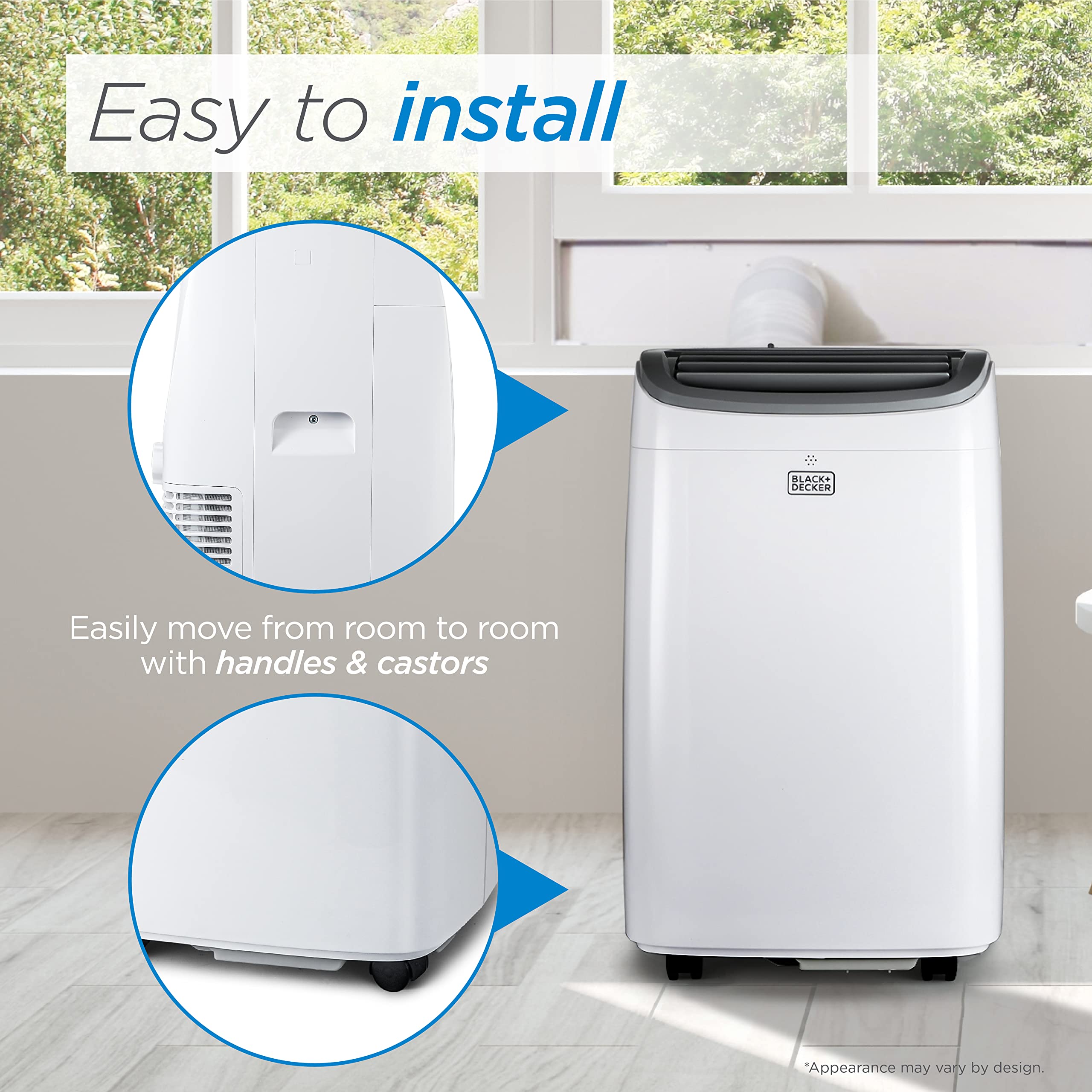 Black+Decker Portable Air Conditioner, 9,000 Btu Ashrae 128 (5,300 Btu Doe) For Rooms Up To 400 Sq. Ft., Portable Ac With Follow Me Remote Control And Window Kit, Bpact08Wt, White