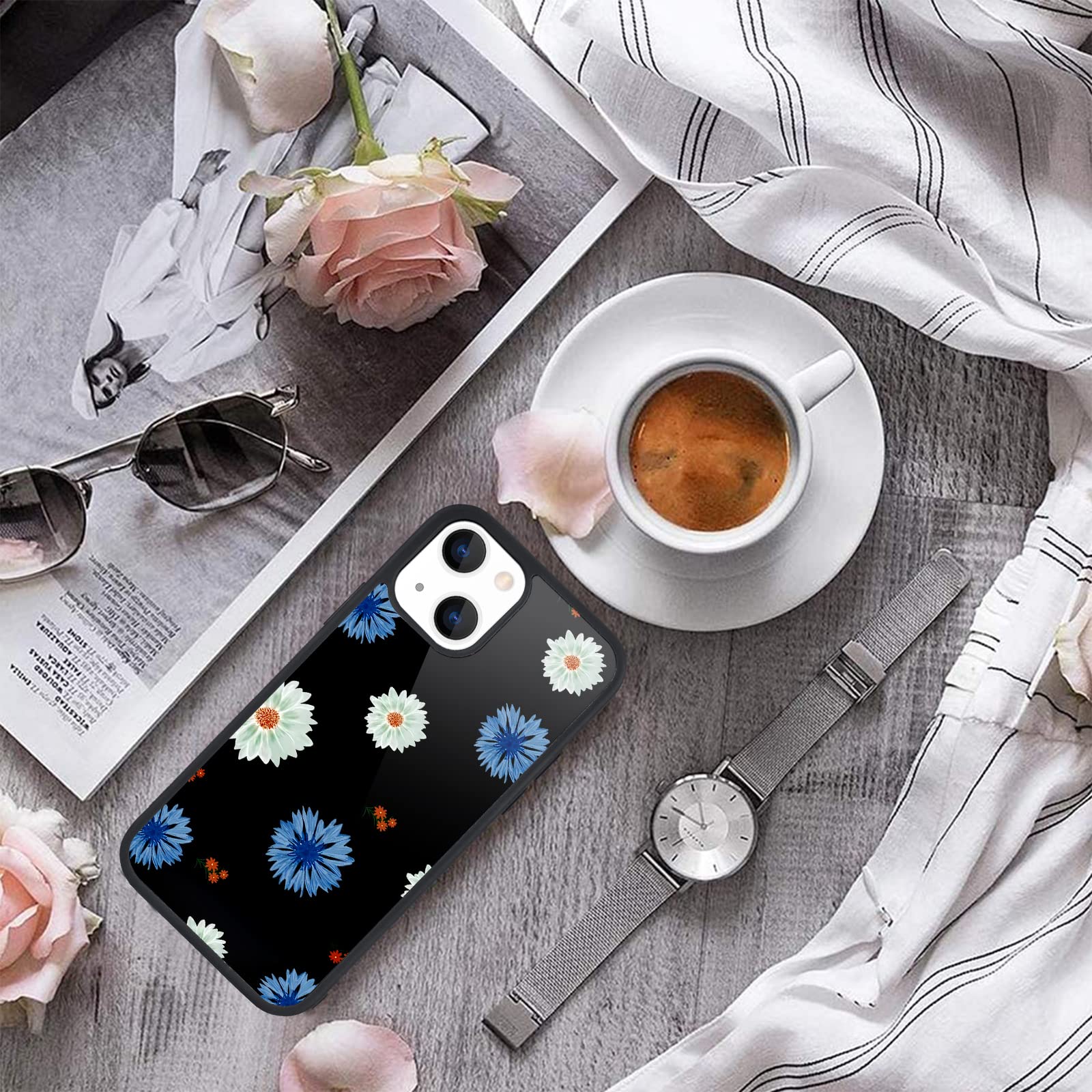 Maycari Compatible With Iphone 13 Case For Children Women Blue White Daisy Flower Design, Hard Back With Aesthetic Floral Patter