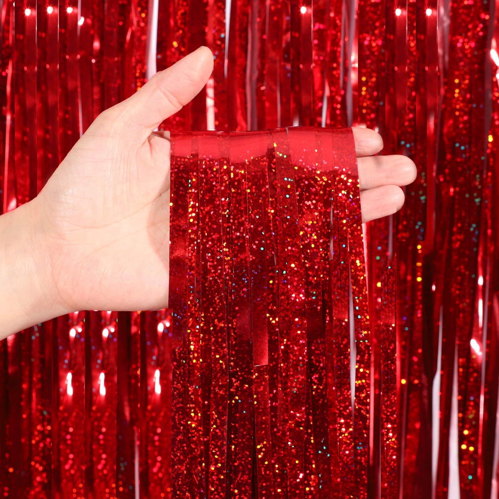 Cylmfc Metallic Tinsel Curtains, 2 Pack 3X8Ft Foil Fringe Backdrop For Birthday & Graduation Decorations, Red
