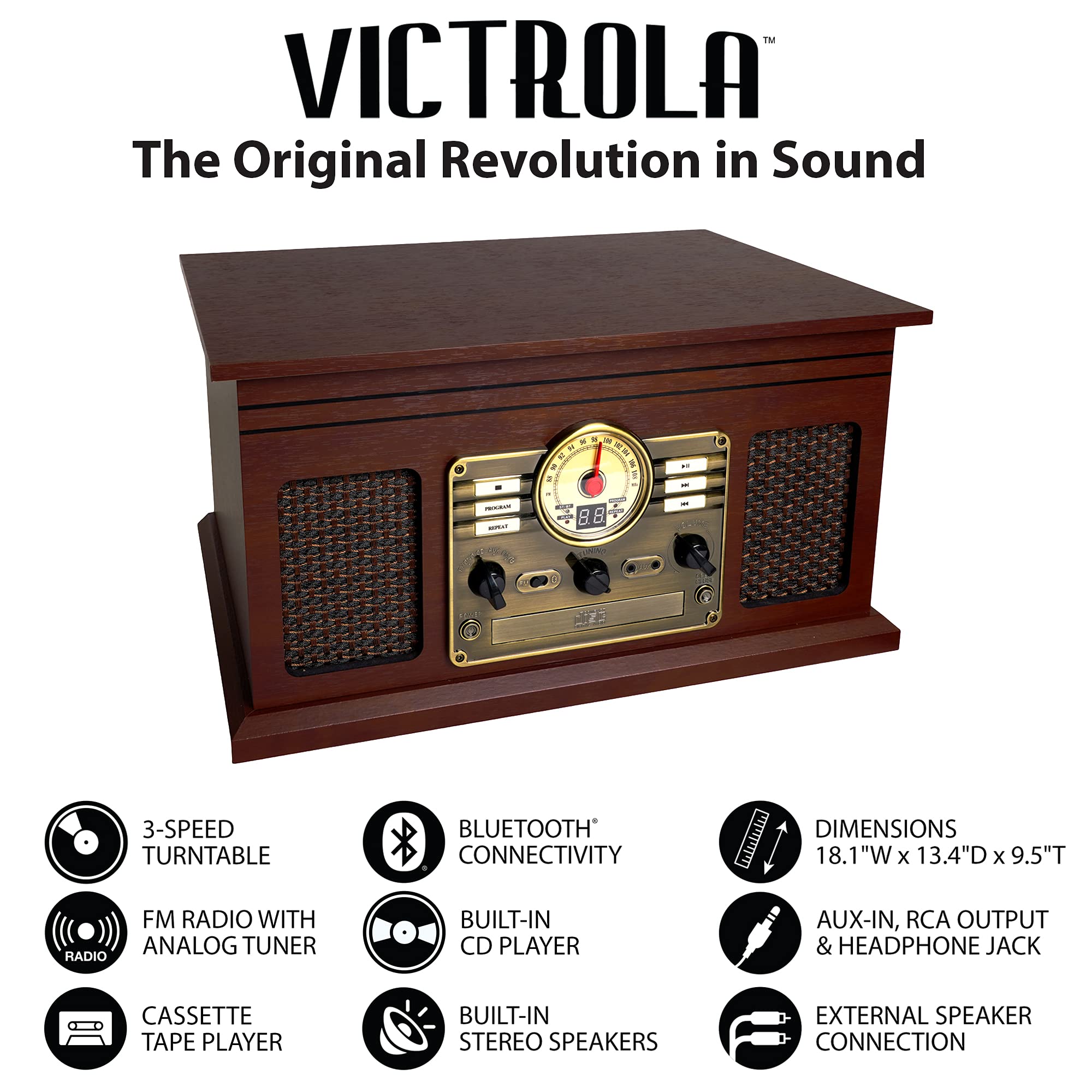 Victrola Nostalgic 6 In 1 Bluetooth Record Player & Multimedia Center With Built In Speakers   3 Speed Turntable, Cd & Cassette