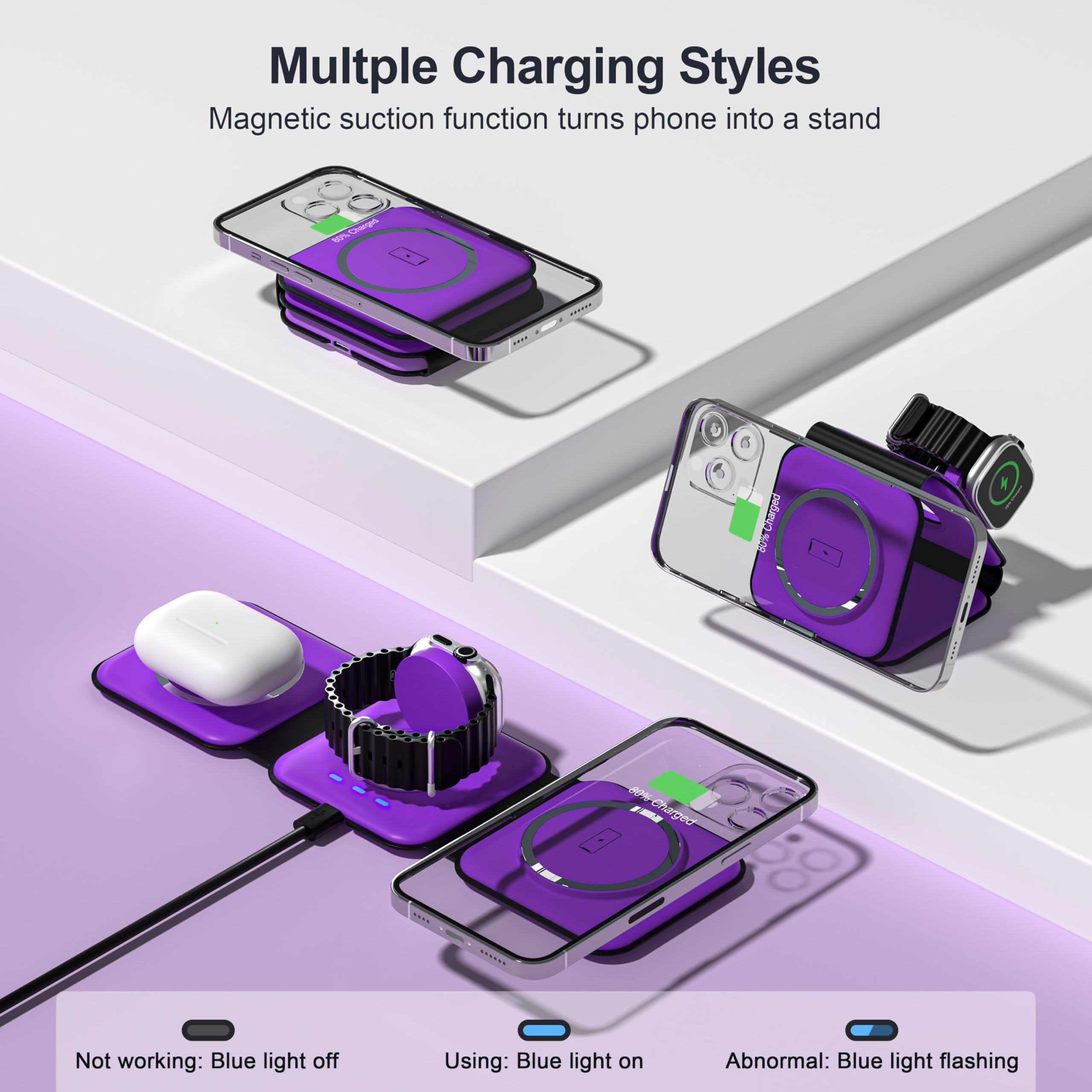 Ucomx 3 In 1 Charging Station For Multple Devices,Foldable 3 In 1 Wireless Charger For Travel,Nano Wireless Charging Station For