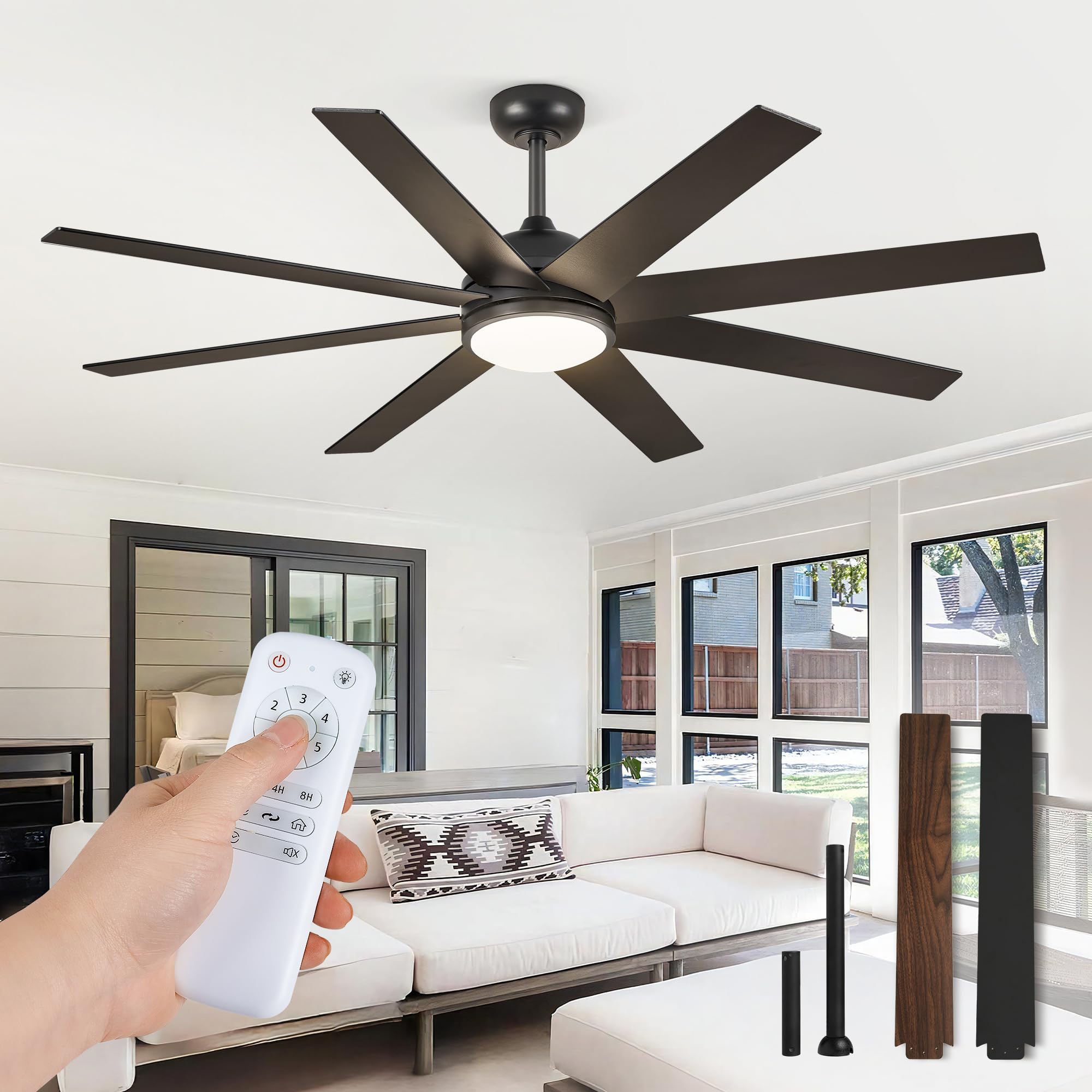 Ceiling Fans With Lights, 60 Inch Black Ceiling Fan With Light And Remote, Outdoor Ceiling Fans For Living Room Patio, 6 Speeds,