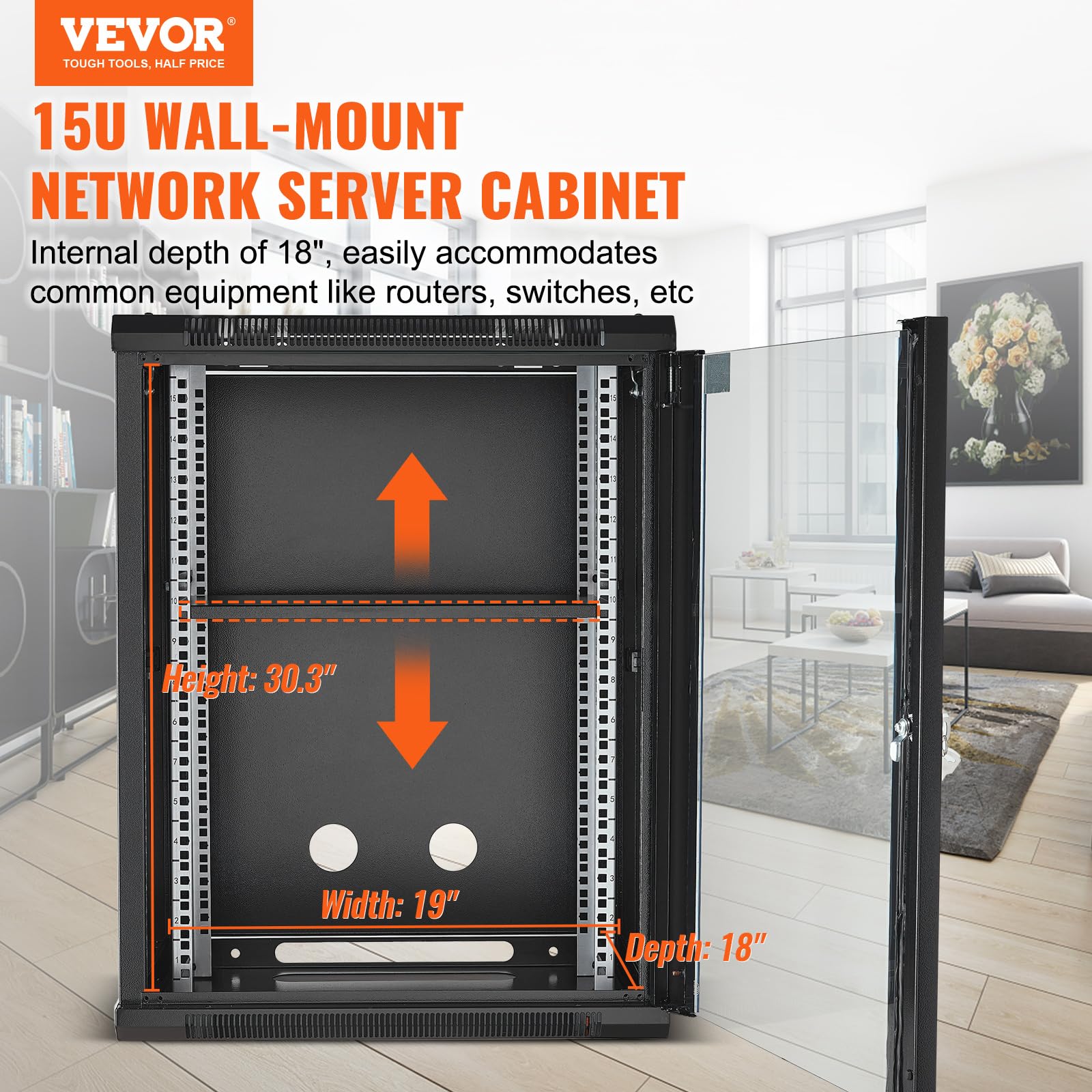 Vevor 15U Wall Mount Network Server Cabinet, 18'' Deep, Server Rack Cabinet Enclosure, 500 Lbs Max. Ground Mounted Load Capacity, With Locking Glass Door Side Panels, For It Equipment, A/V Devices