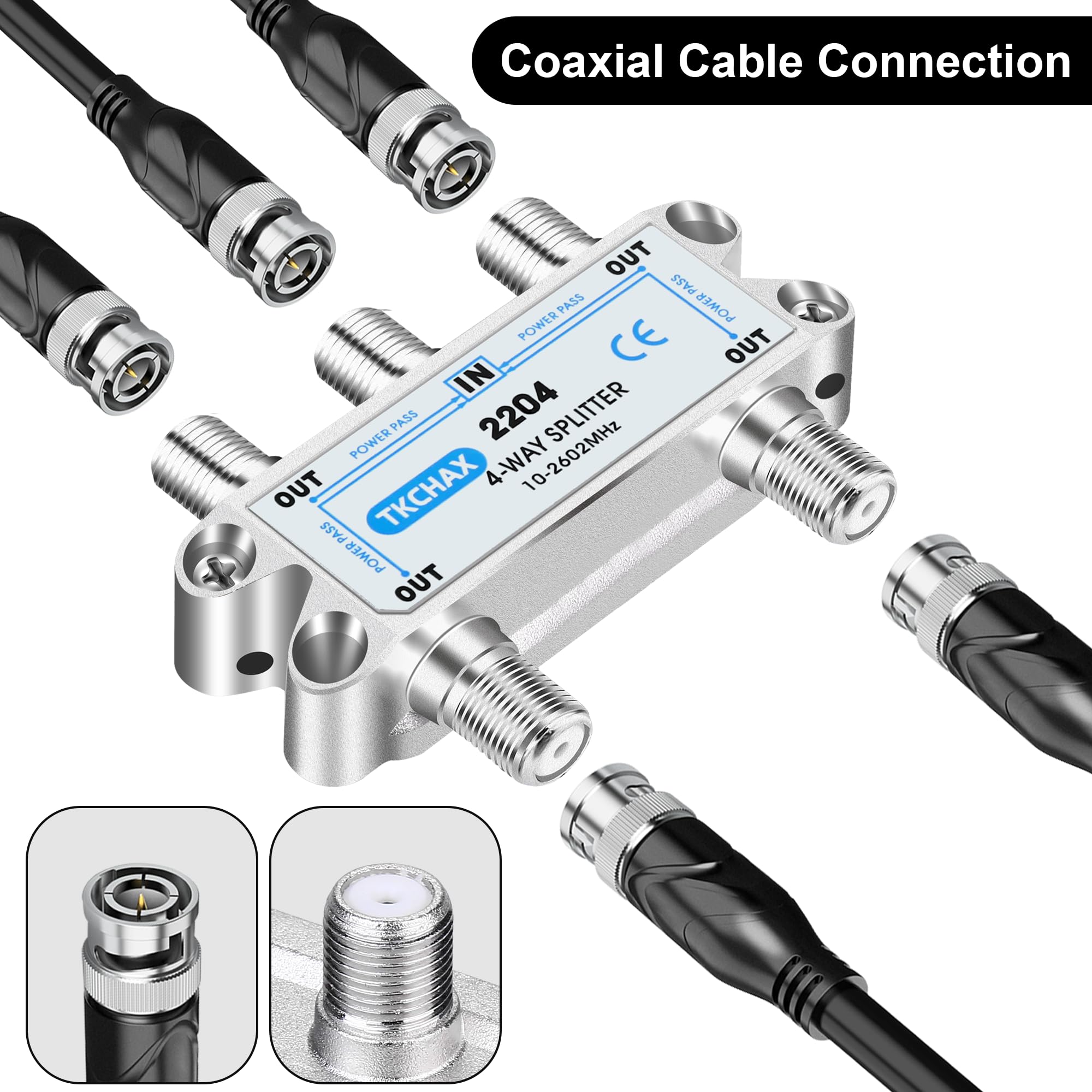 Tkchax 4 Way Coaxial Cable Splitter,Support 10 2602Mhz, Rg6 Compatible, Nickel Plated For Cable Splitter,Work With Catv, Satelli