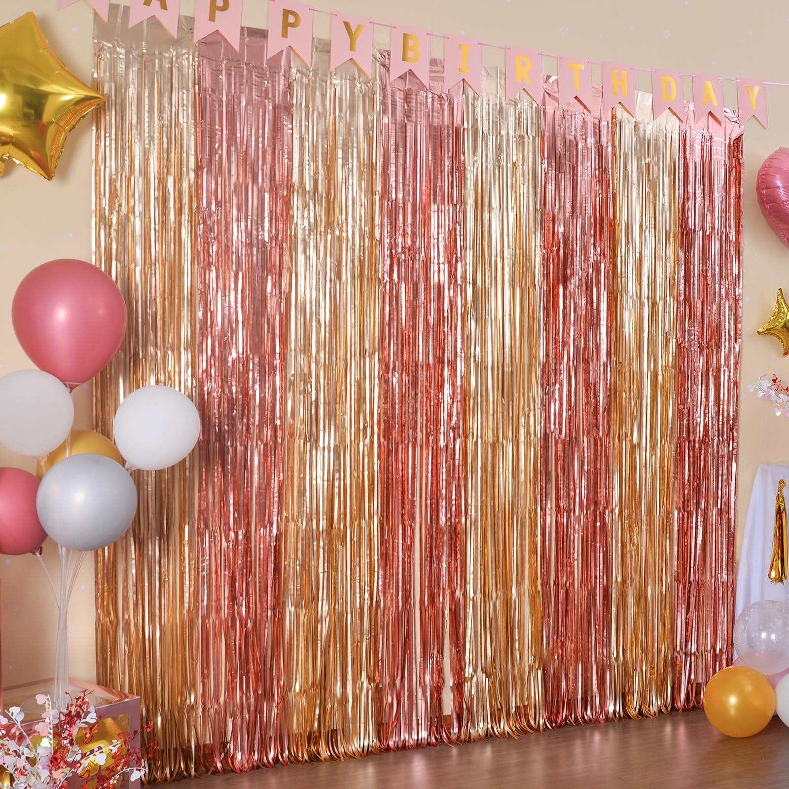 Lolstar 2 Pack Rose Gold Birthday Decorations, 3.3X6.6Ft Pink And Gold Foil Fringe Curtains, Tinsel Streamers Backdrop Photo Boo