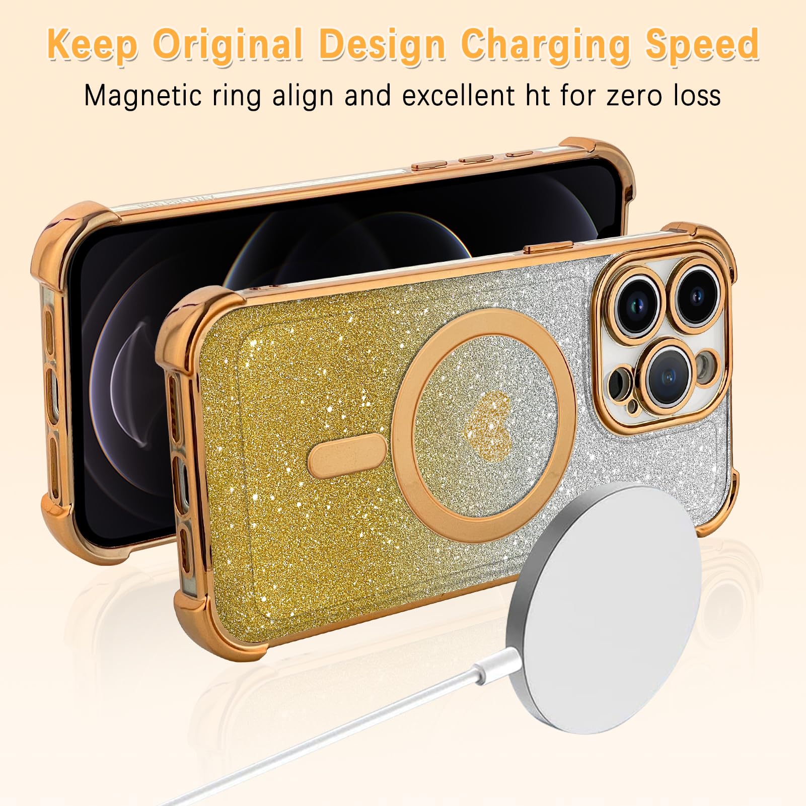 Tharlet Magnetic For Iphone 12 Pro Max Case [Compatible With Magsafe] Glitter Cute Love Luxury Plating Plating Bling Clear Phone