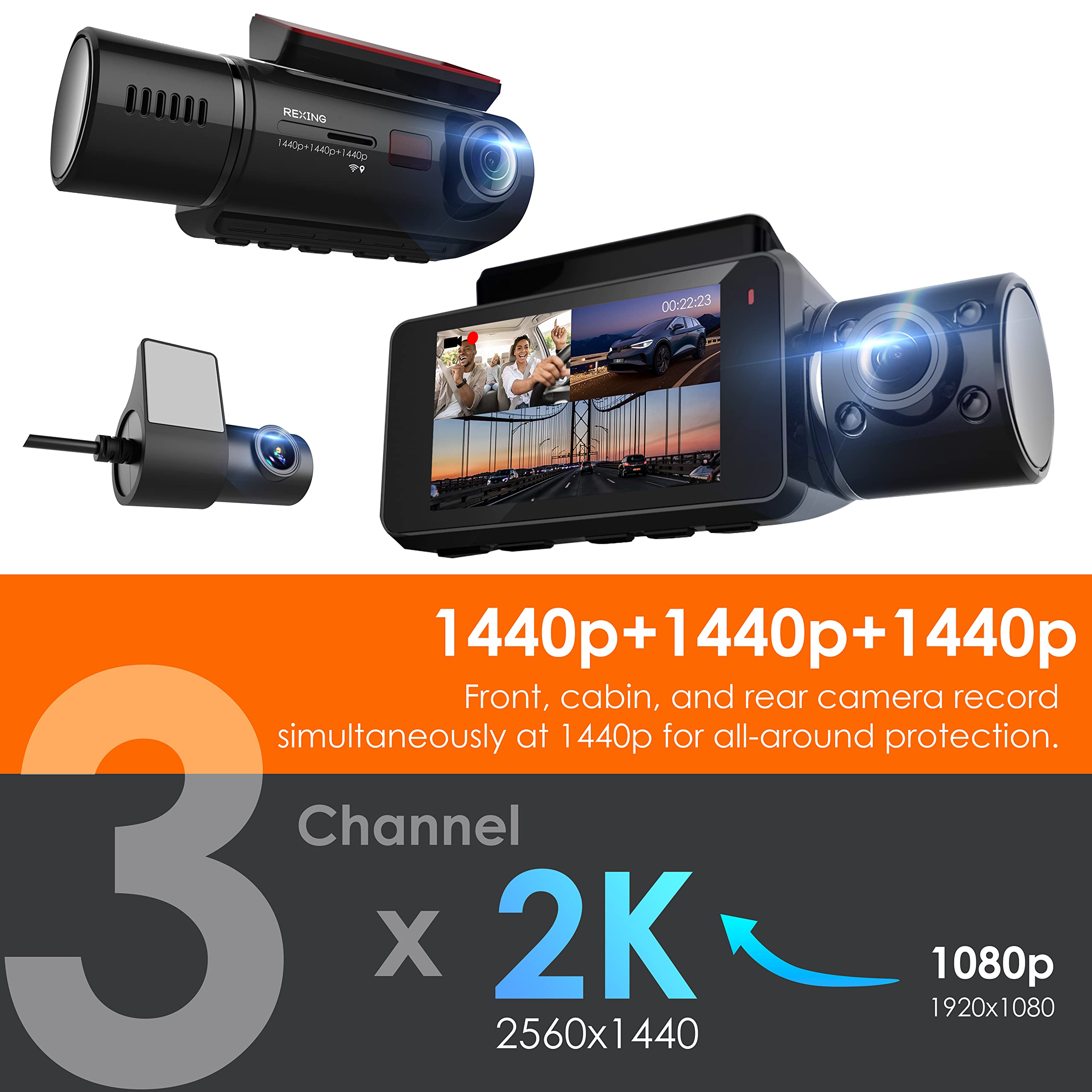 Rexingusa V33 2K 3 Channel Dash Cam Built In Wifi Gps, Car Dashboard Camera Recorder 1440P + 1440P +1440P, 2.7    Lcd, 170 Wide