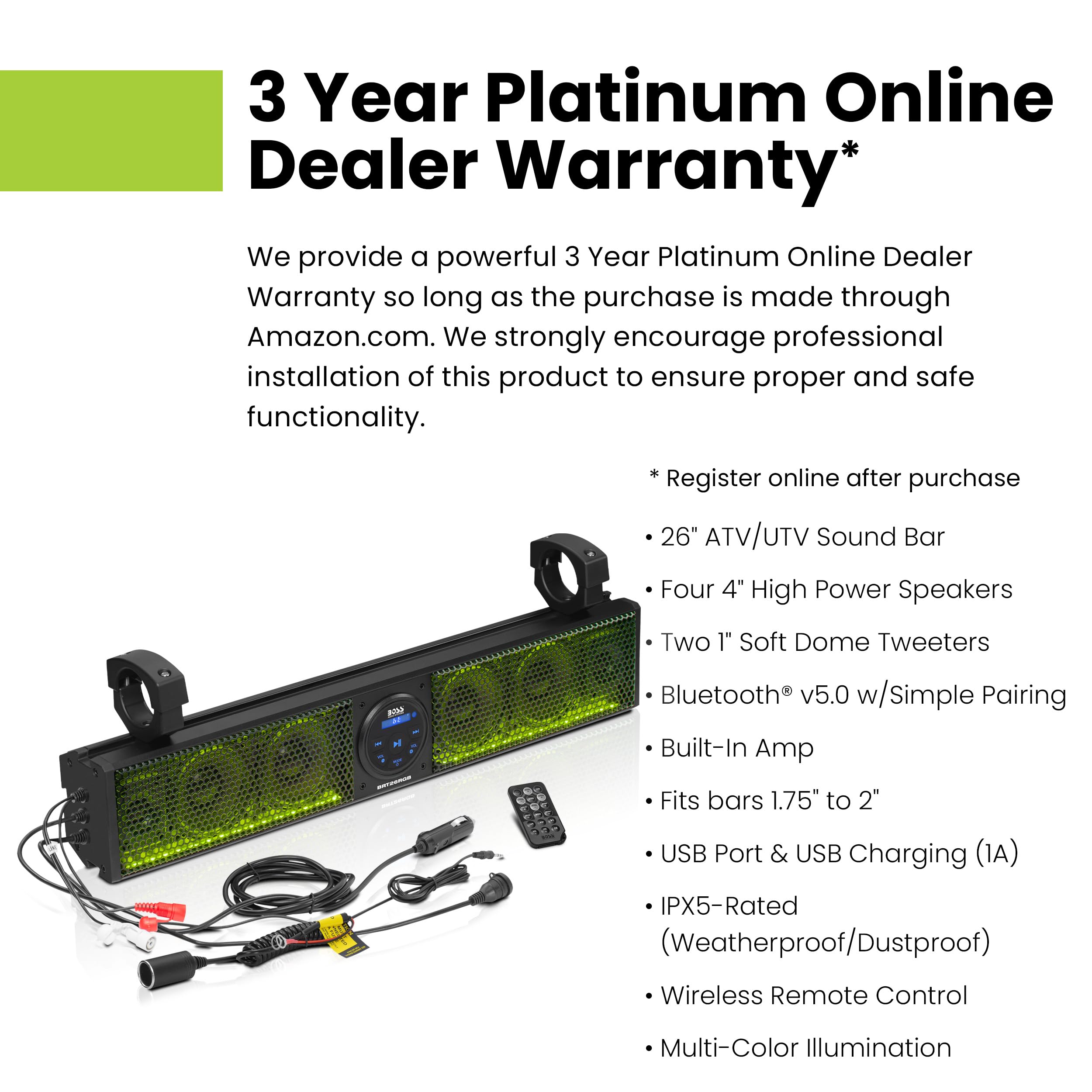 Boss Audio Systems Brt26Rgb Atv Utv Sound Bar   26 Inches Wide, 4 Inch Speakers, 1 Inch Tweeters, Ipx5 Weatherproof, Bluetooth,