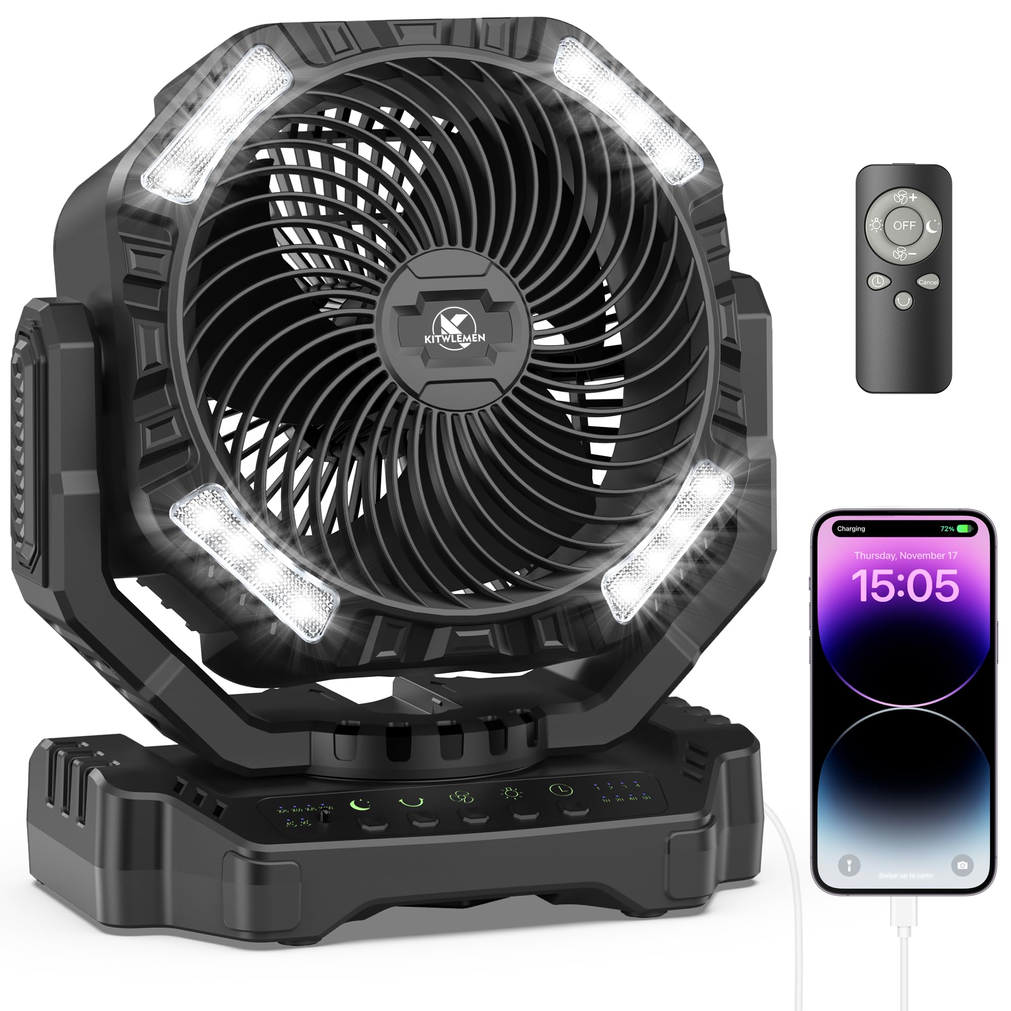 Camping Fan, 40000Mah Oscillating Rechargeable Battery Operated Fan, Portable Battery Powered Outdoor Tent Fan With Remote Light