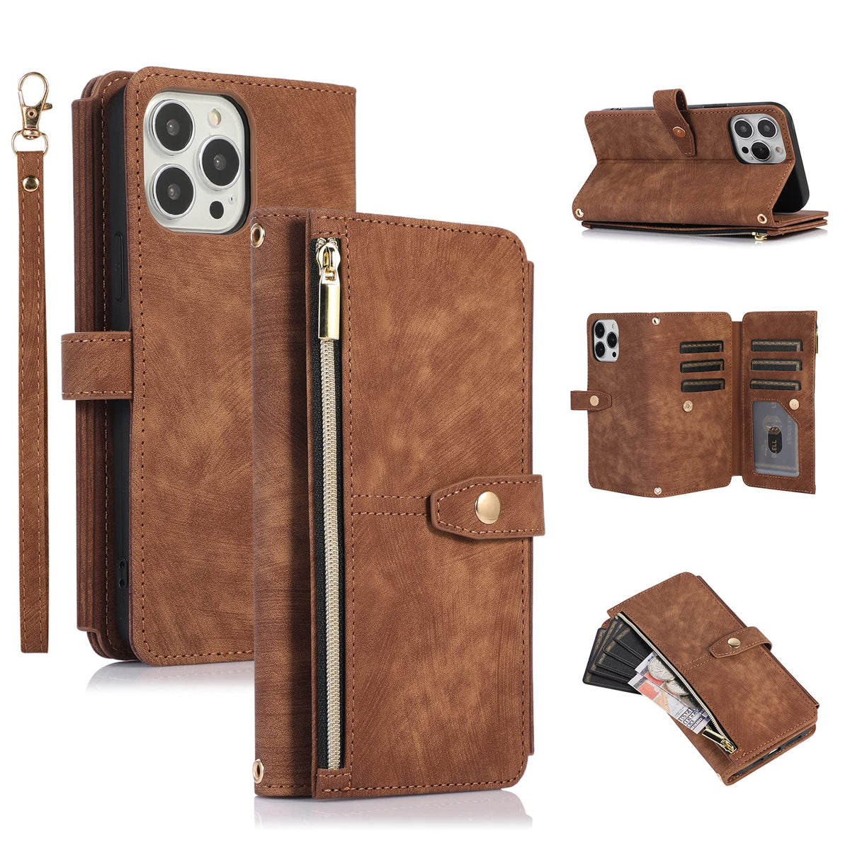 Ueebai Case For Iphone 12 Pro Max 6.7 Inch, 9 Card Slots Retro Leather Wallet Shockproof Flip Cover With Hand Strap Card Slots Z