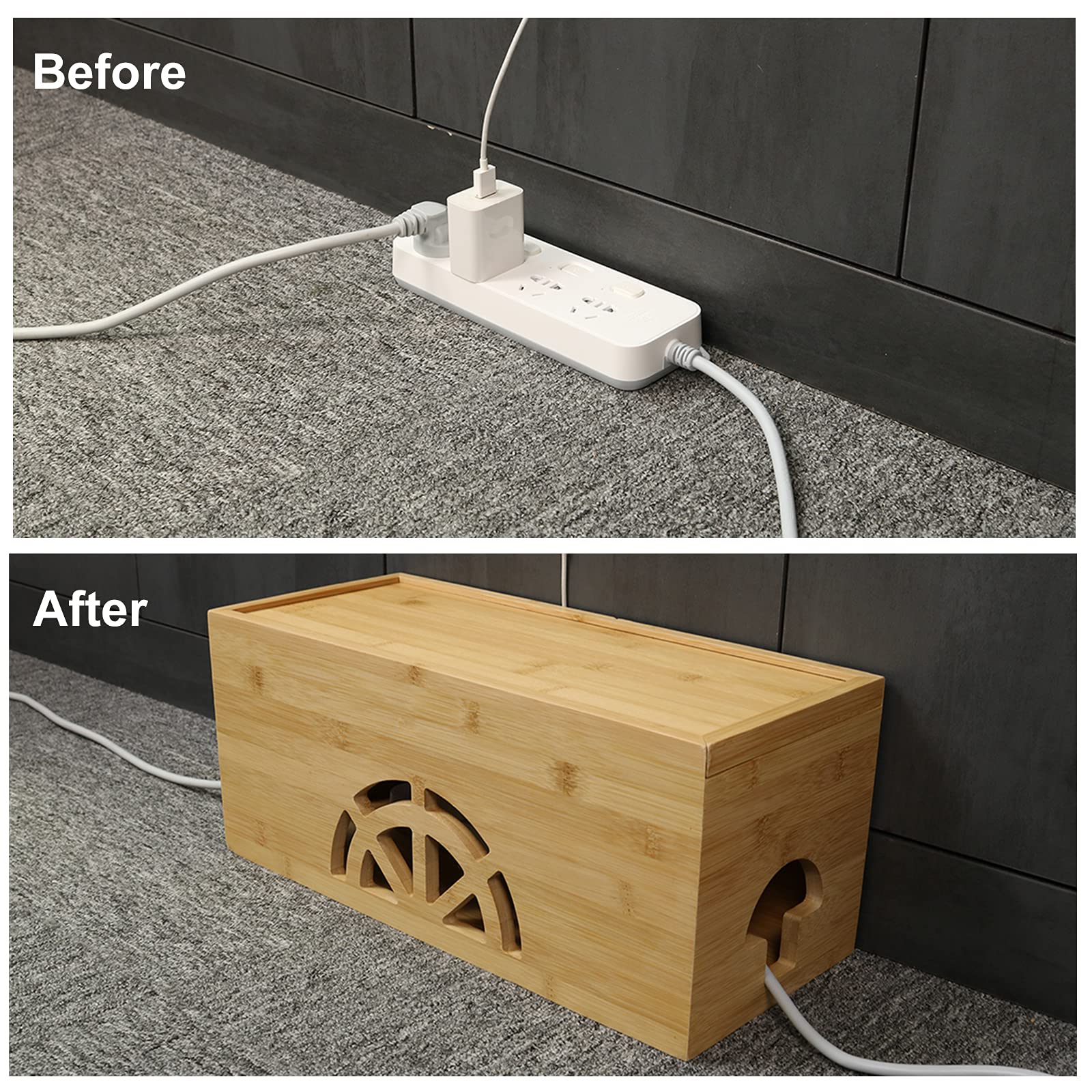 Cable Management Box Set Of 2 By Htb, Large & Small Bamboo Cord Organizer Box To Hide Wires & Power Strips | Desk Computer Cable