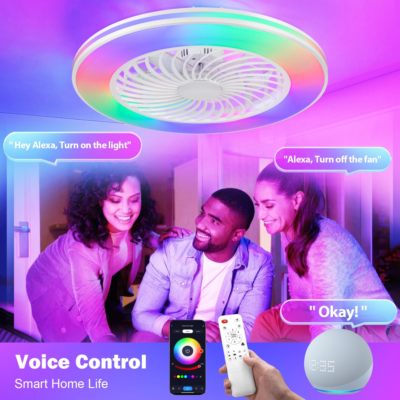 Vookea 2 In 1 Low Profile Ceiling Fan With Light, 24    Caged Safety Design For Kids   Rgb Color, Smart App/Remote Control, Quie