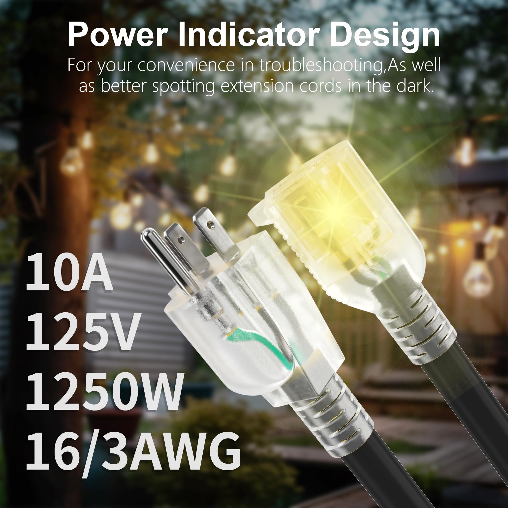 Huanchain 300 Ft 16 Gauge Black Indoor Outdoor Extension Cord Waterproof, Flexible Cold Weather 3 Prong Electric Cord Outside, 1