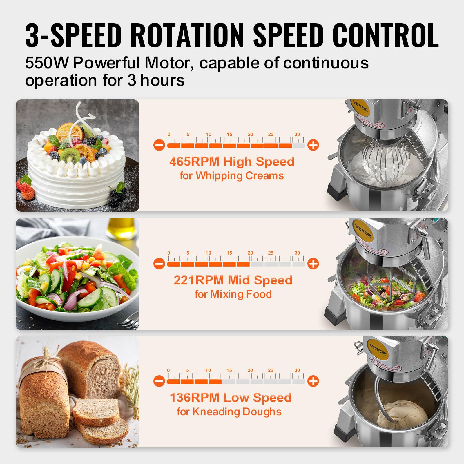 Vevor Commercial Food Mixer, 15Qt Capacity With Timer, 500W Stainless Bowl Durable Electric Mixer For Commercial Use, 3 Speed Op