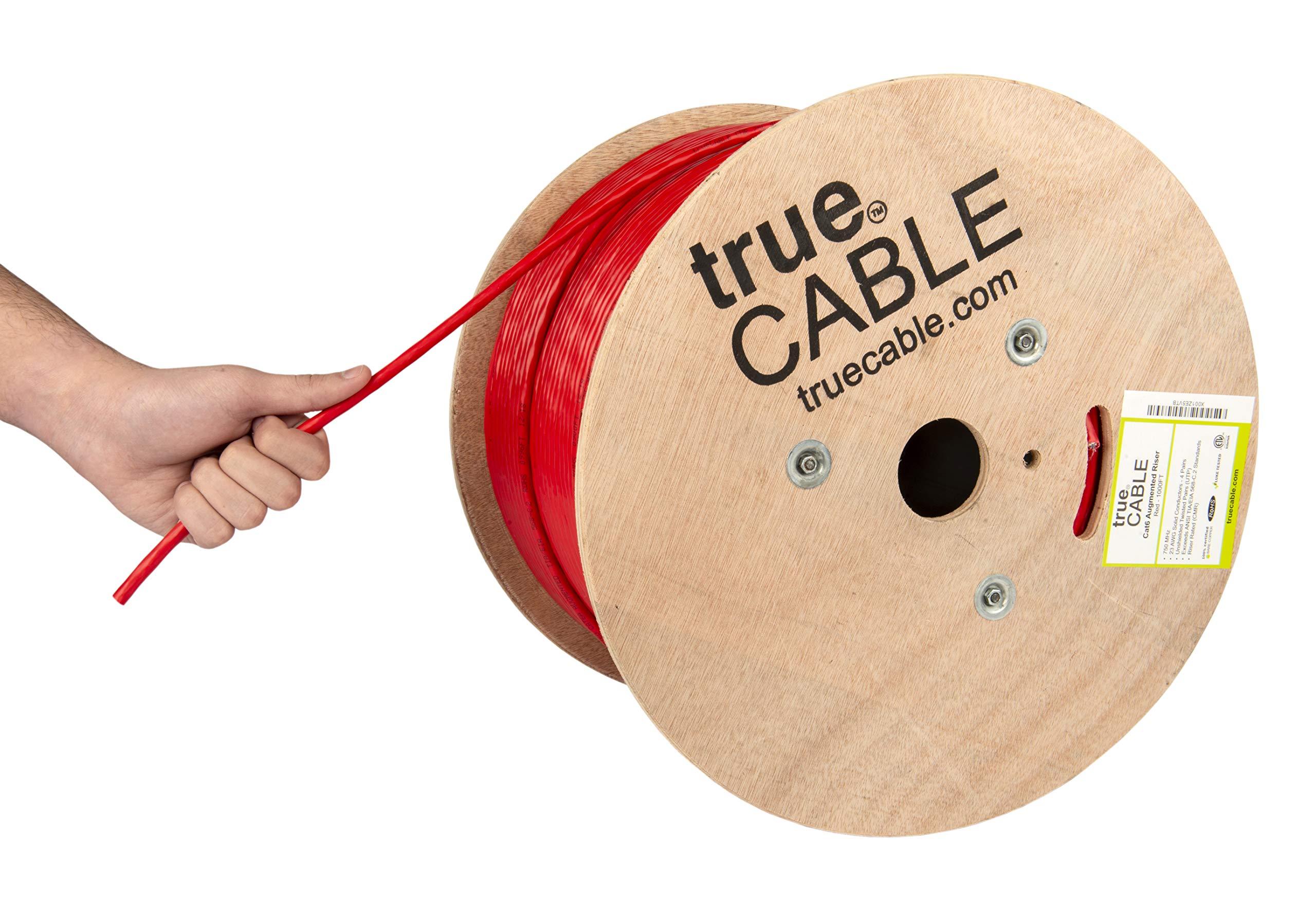 Truecable Cat6A Riser (Cmr), 1000Ft, Red, 23Awg 4 Pair Solid Bare Copper, 750Mhz, Poe++ (4Ppoe), Etl Listed, Unshielded Twisted Pair (Utp), Bulk Ethernet Cable