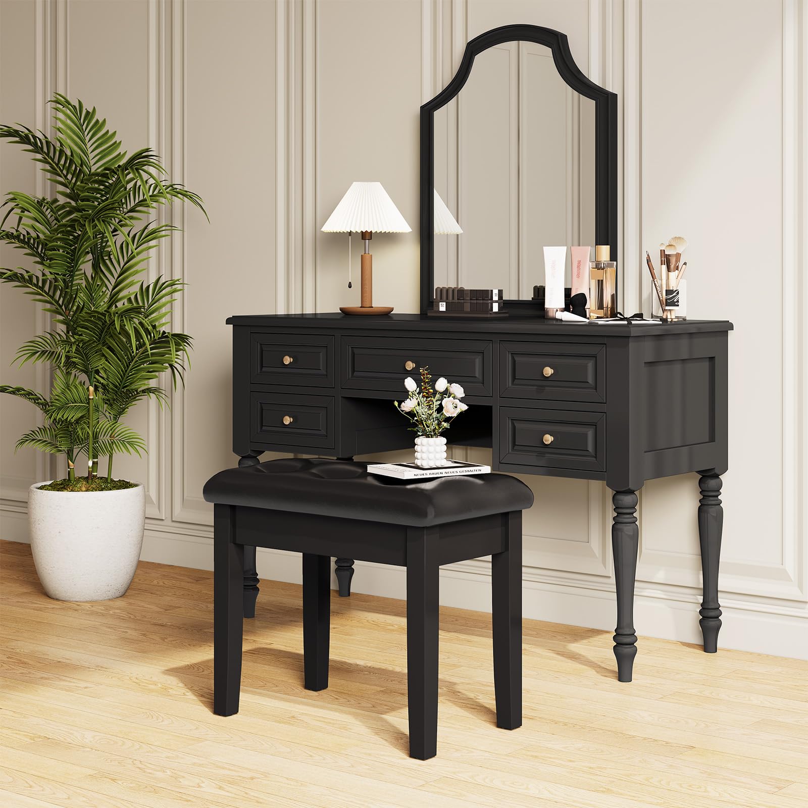 Liferun Black Wooden Duet Piano Bench With Padded Faux Leather Cushion Seat, Piano Stool With Storage Compartment, 21.7 X 13.8 X