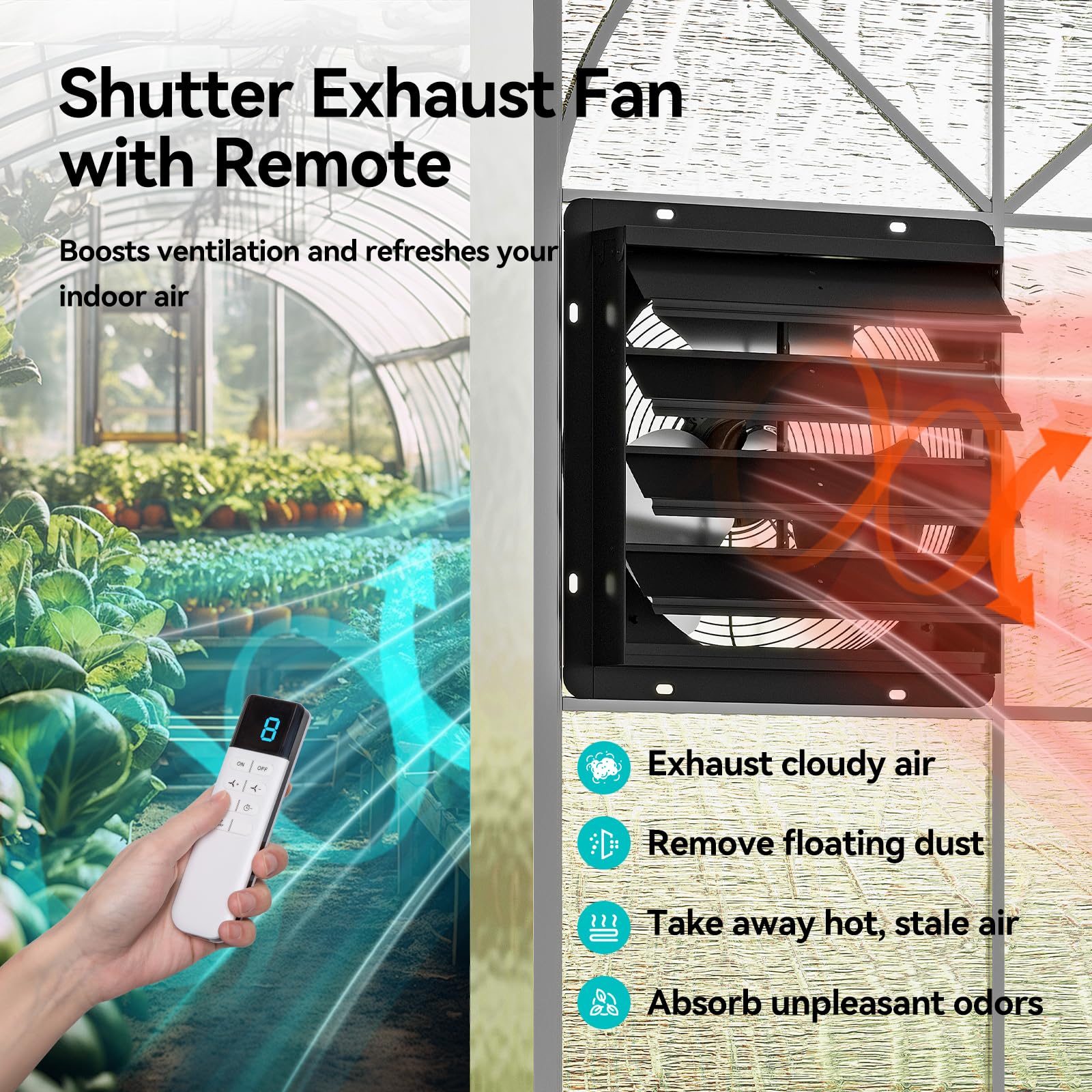 Addlon 14 Inch Shutter Exhaust Fan Wall Mounted With Ec Motors And Remote Control, Timer, 8 Speeds, 1750Cfm, Low Noise, Easy To