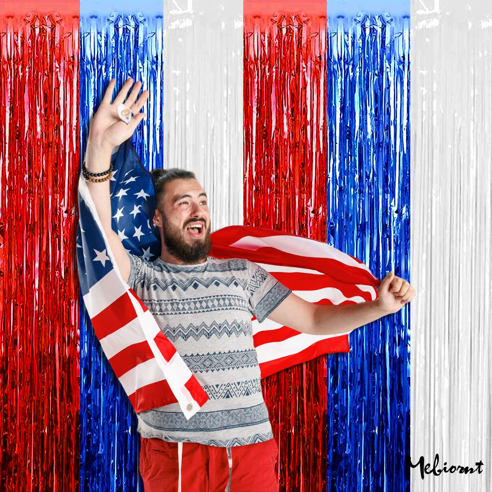 4 Pack 3.2Ft X 6.6Ft Independence Day Fringe Curtain Backdrop, Red Blue White Metallic Tinsel Foil Fringe Streamers Curtains Bac