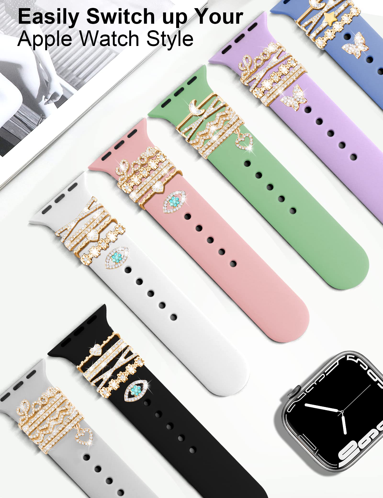 Jr.Dm 11 Pcs Super Bling Watch Charms With 9 Pcs Decorative Rings Loops 2 Pcs Decoration, Compatible With Apple Watch Band Metal