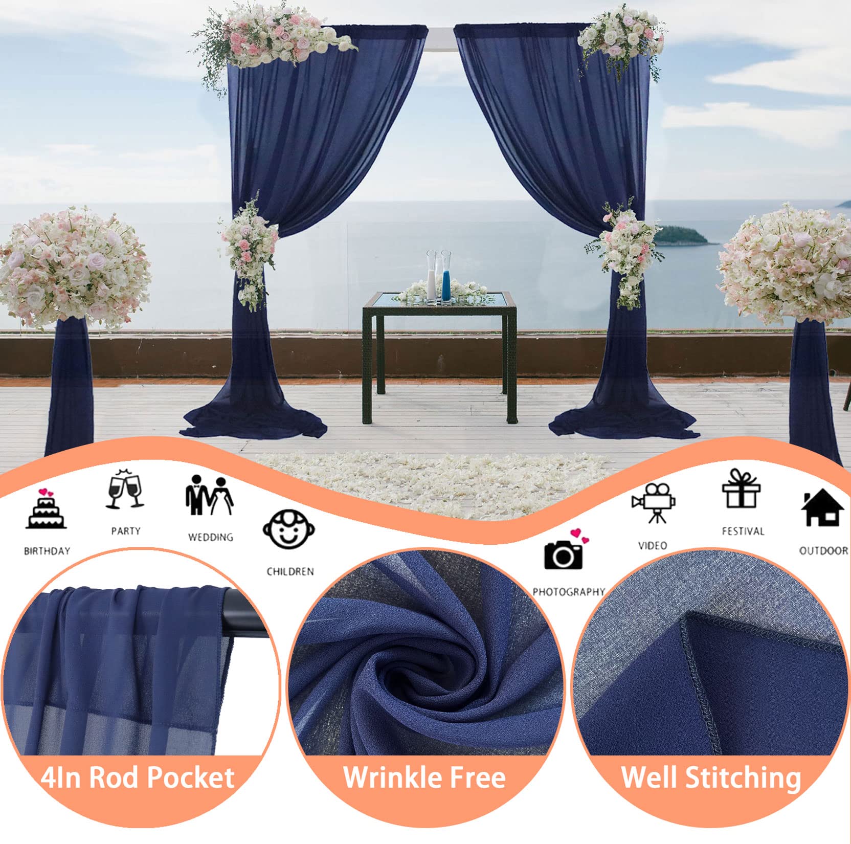 Fuhsy Sheer Navy Blue Backdrop Curtain Chiffon Curtains Wedding Drapery 10 Ft Curtains Tulle Backdrop Drapes Wedding Arch Drapes