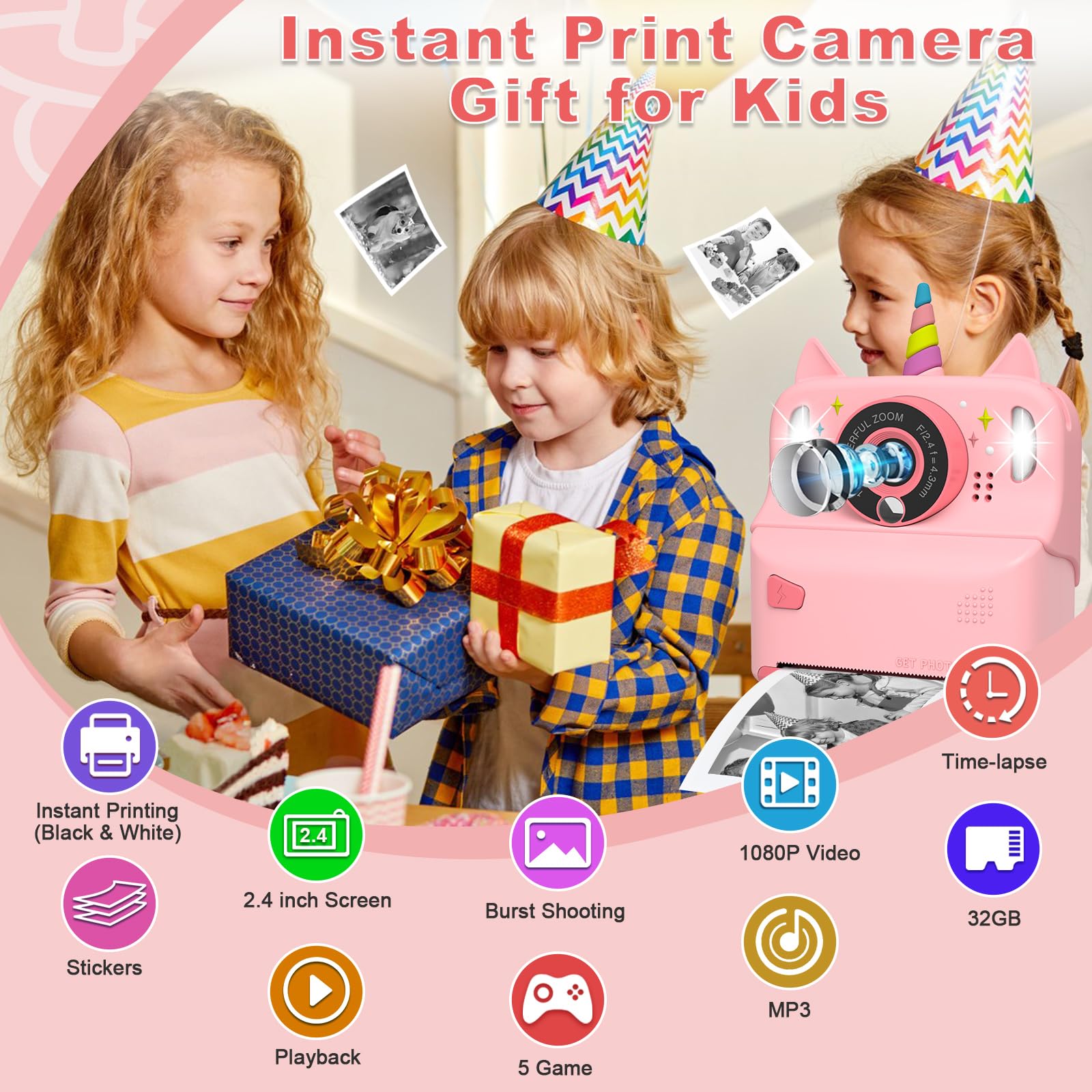 Instant Print Camera For Kids   Christmas Birthday Gift Toy For Girl Boy Age 3 9, Children Selfie Digital Cameras With Cartoon S