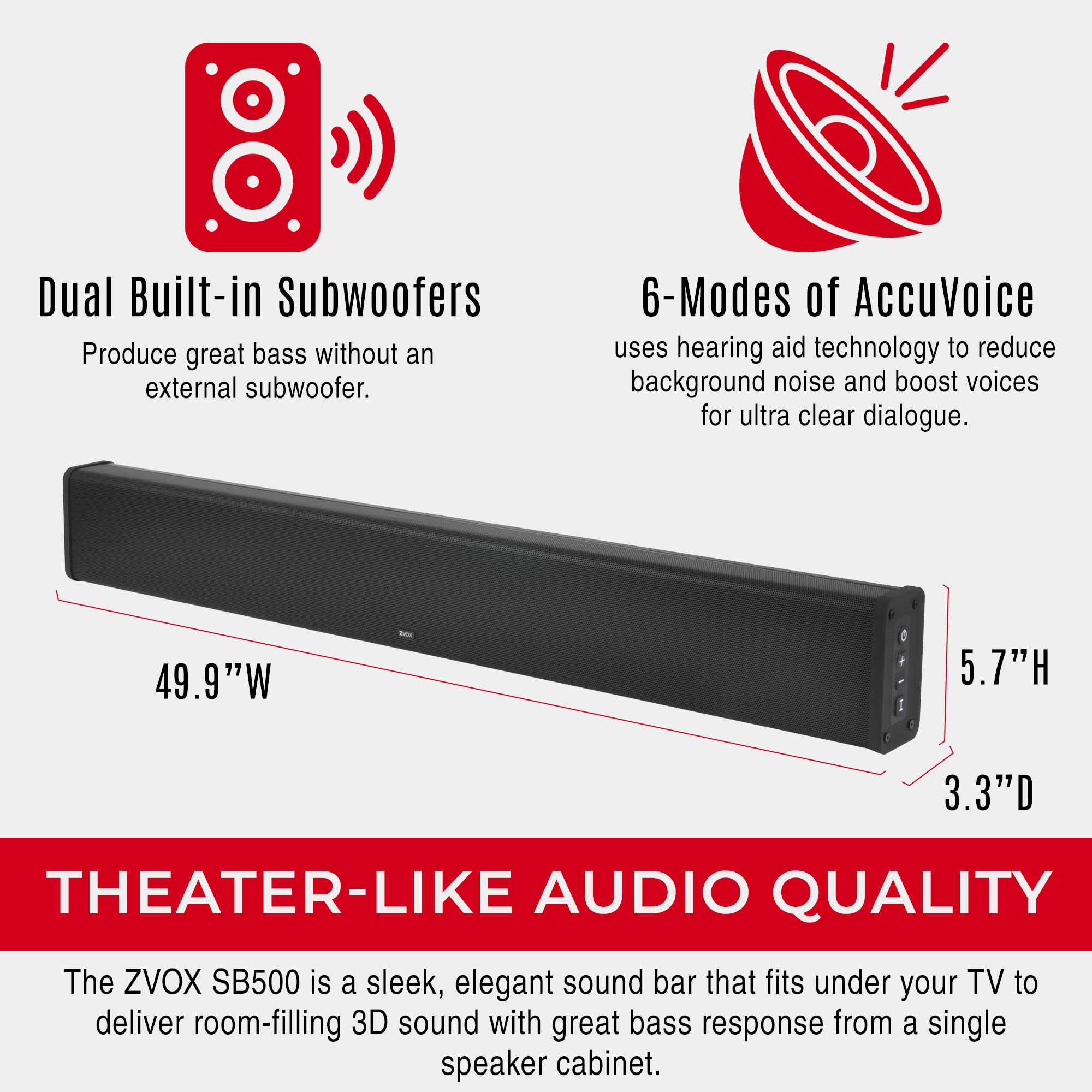 Zvox Sb500 Soundbar For Tv, Home Speaker Bar Works With 50 To 90 Tvs, Soundbar With Subwoofer Built-In, 6 Modes Accuvoice Dialog