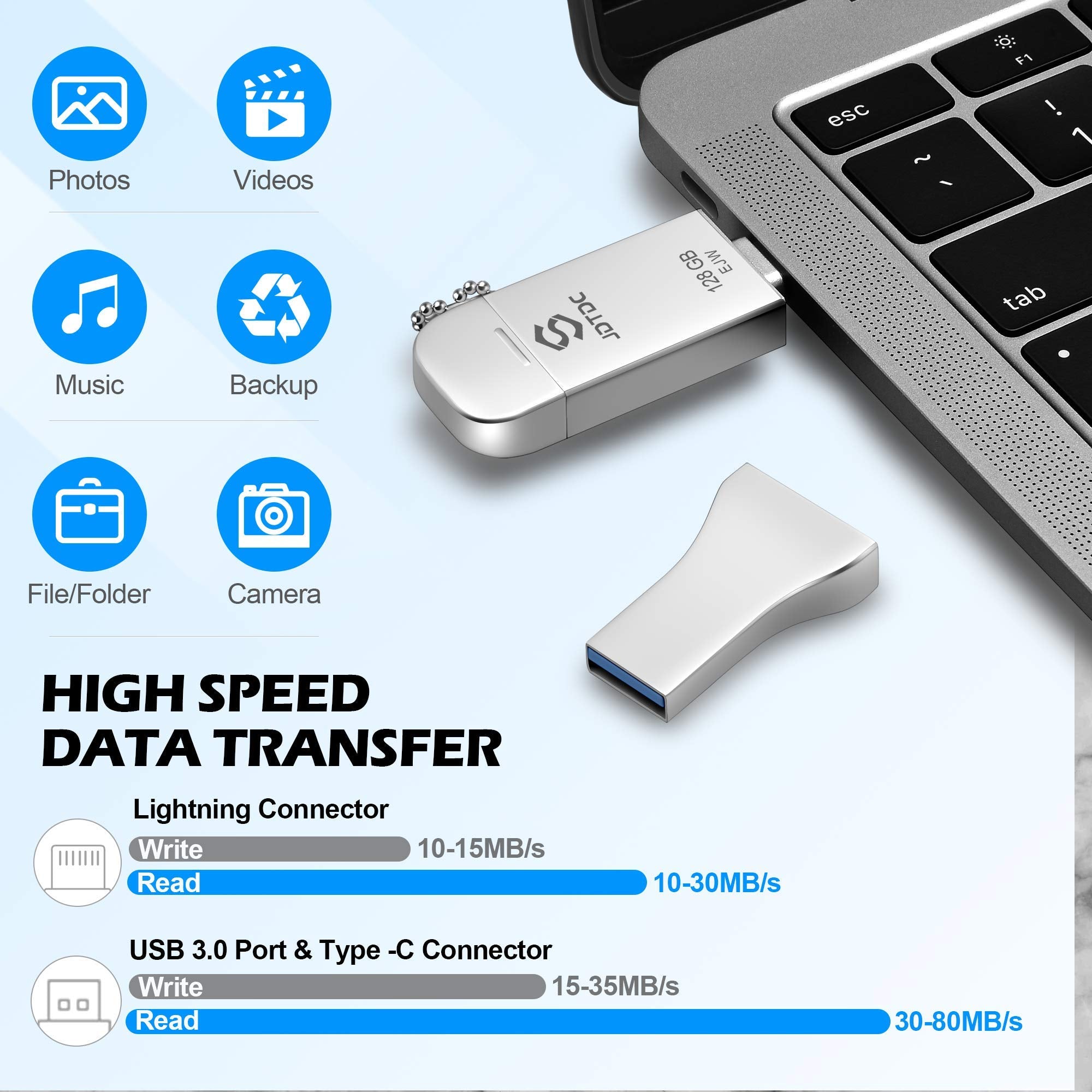 JSL JDTDC 128GB Apple MFi Certified iPhone Photo Stick, 3-in-1 USB-C Flash Drive for iPhone 14-17, Silver