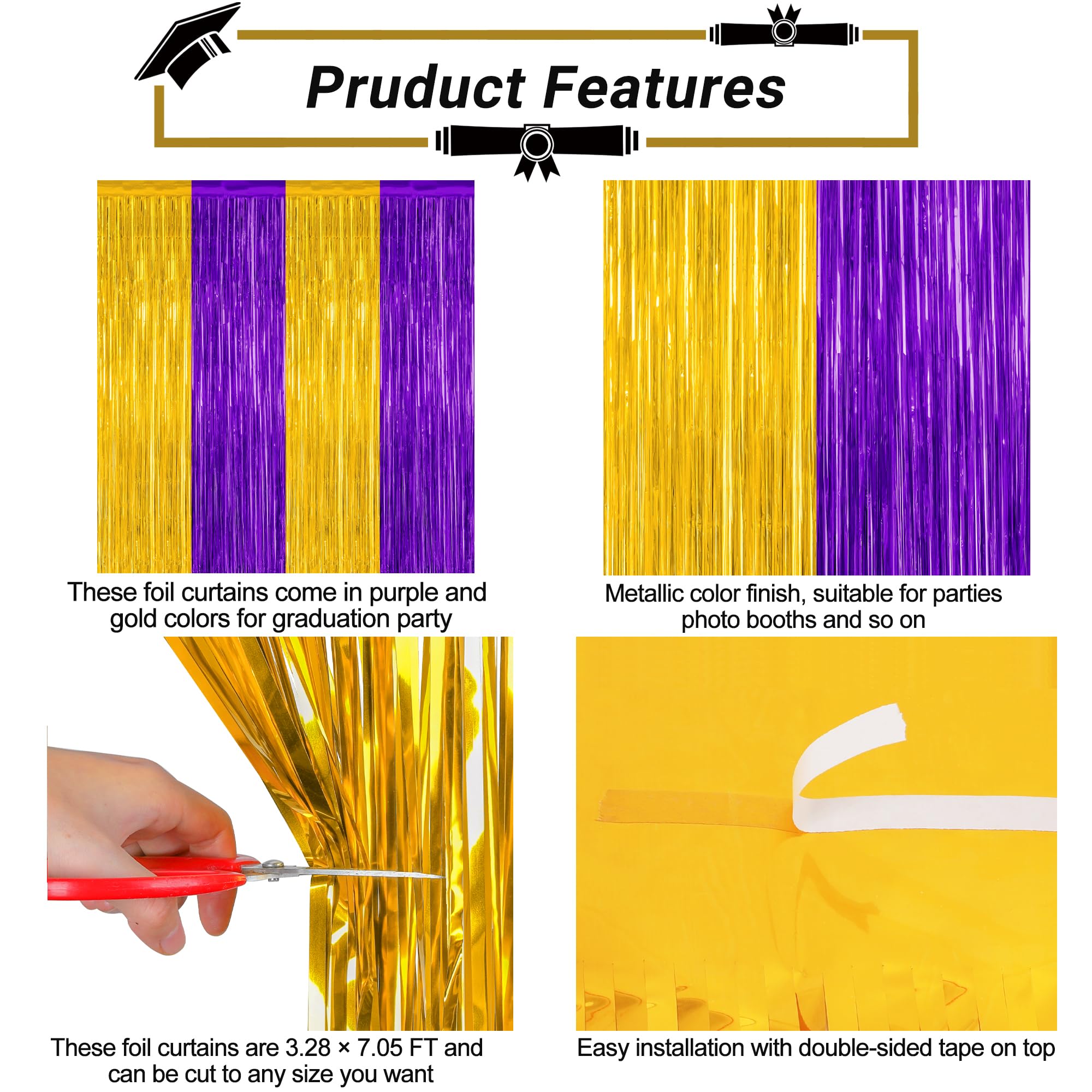 2 Pack Graduation Backdrop, 3.28 Ft X 7.05 Ft Grad Party Decorations 2025, Purple Gold Backdrop Foil Fringe Curtains, Metallic P