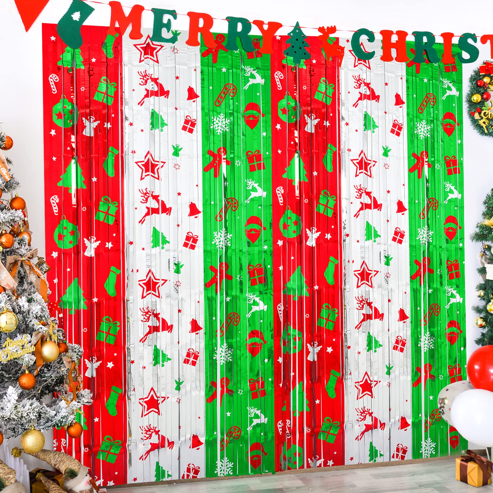 Lolstar Foil Fringe Curtains   Christmas Themed Red, Silver, Green   3.3 X 6.6 Ft Photo Backdrop For Ugly Sweater Parties