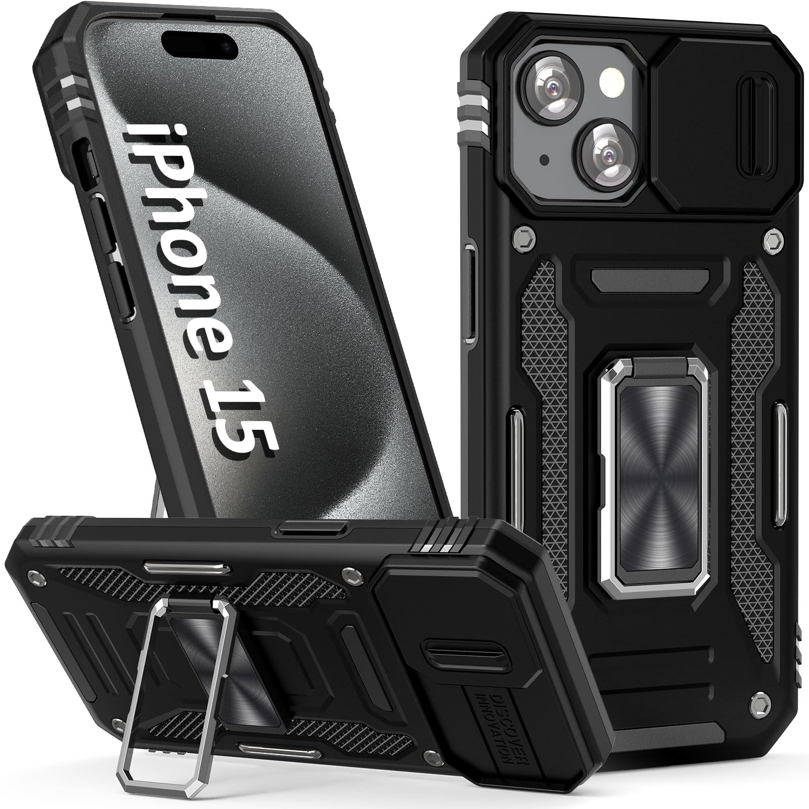 Sefing Case For Iphone 15 Phone Case Iphone 15 Case With Camera Cover, With Ring Holder Kickstand, With Magnetic Car Mount Funct