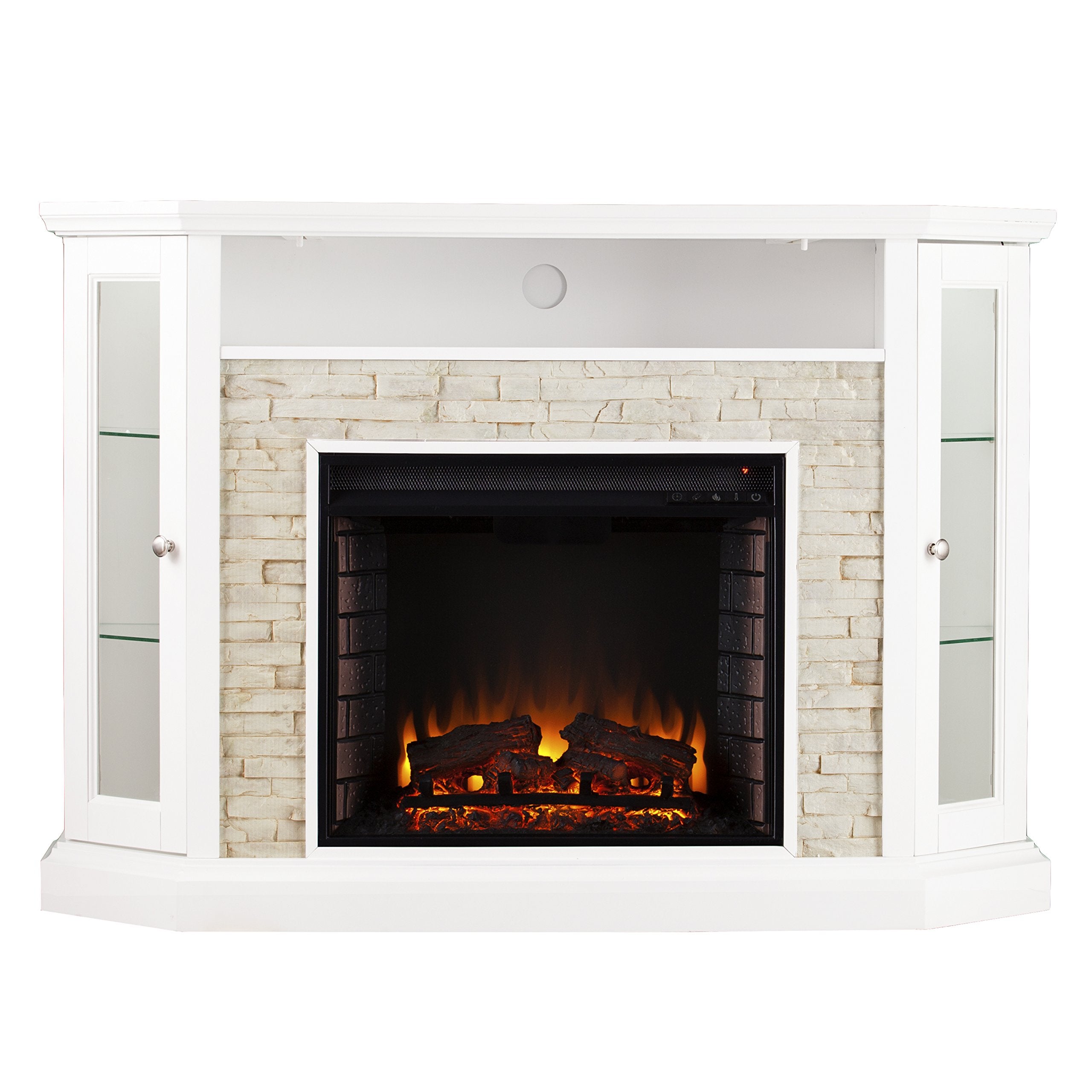 Sei Furniture Redden Faux Stone Convertible Electric Media Storage Corner Fireplace, Fresh White