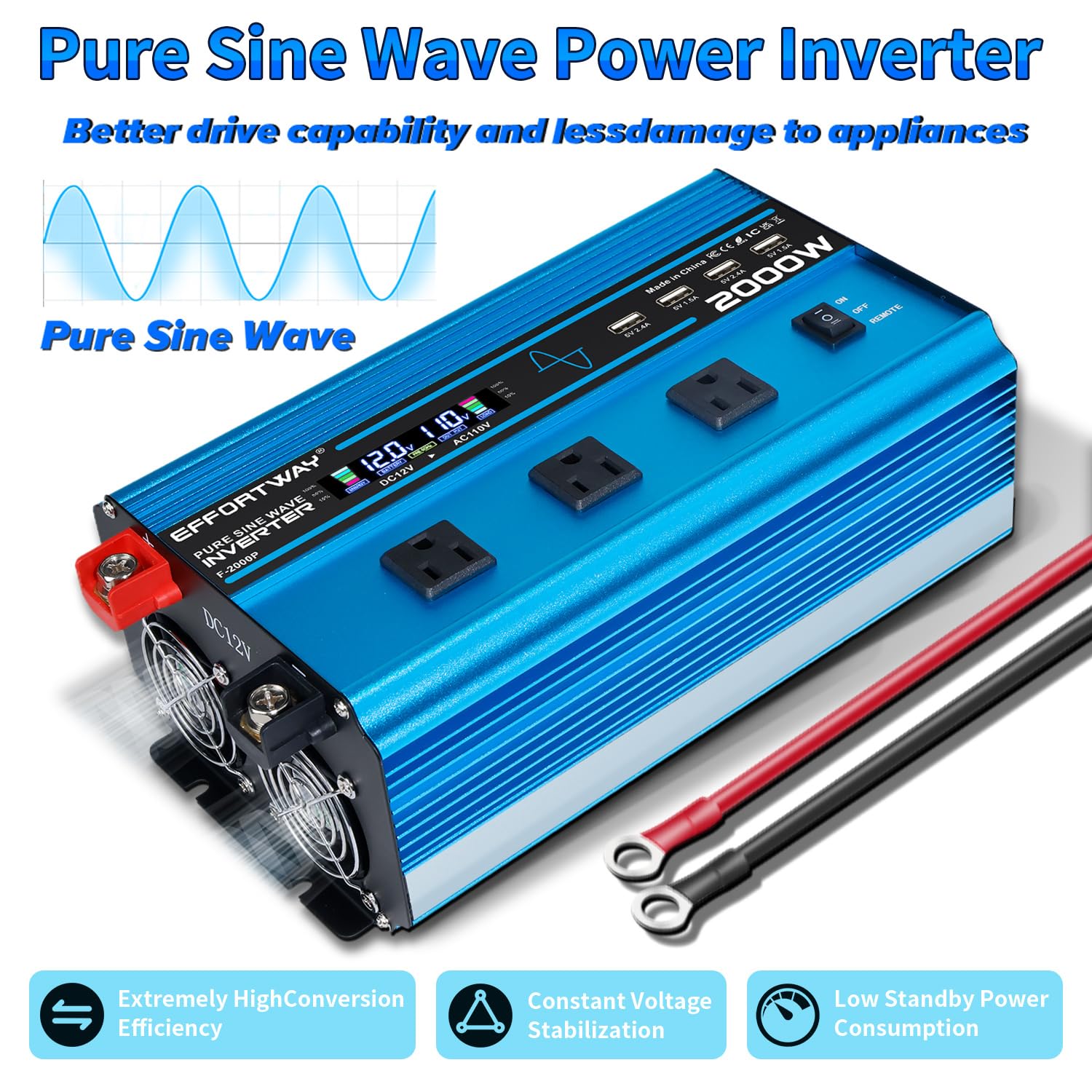 Effortway 2000W Pure Sine Wave Inverter 4000W (Peak) Dc 12V To Ac 110V/120V Converter With Lcd Display Wireless/Wired Remote Con