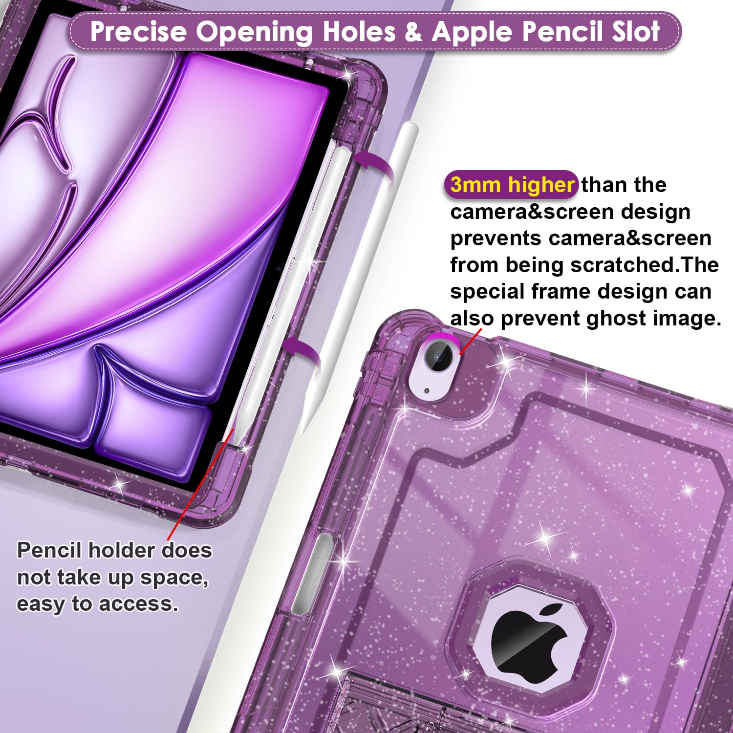 Zonefoker For Ipad Air 6Th 11 Inch M2 Generation Case 2024, Ipad 5Th/4Th 11 Inch 2022/2020, Purple Glitter Slim Cover With Penci