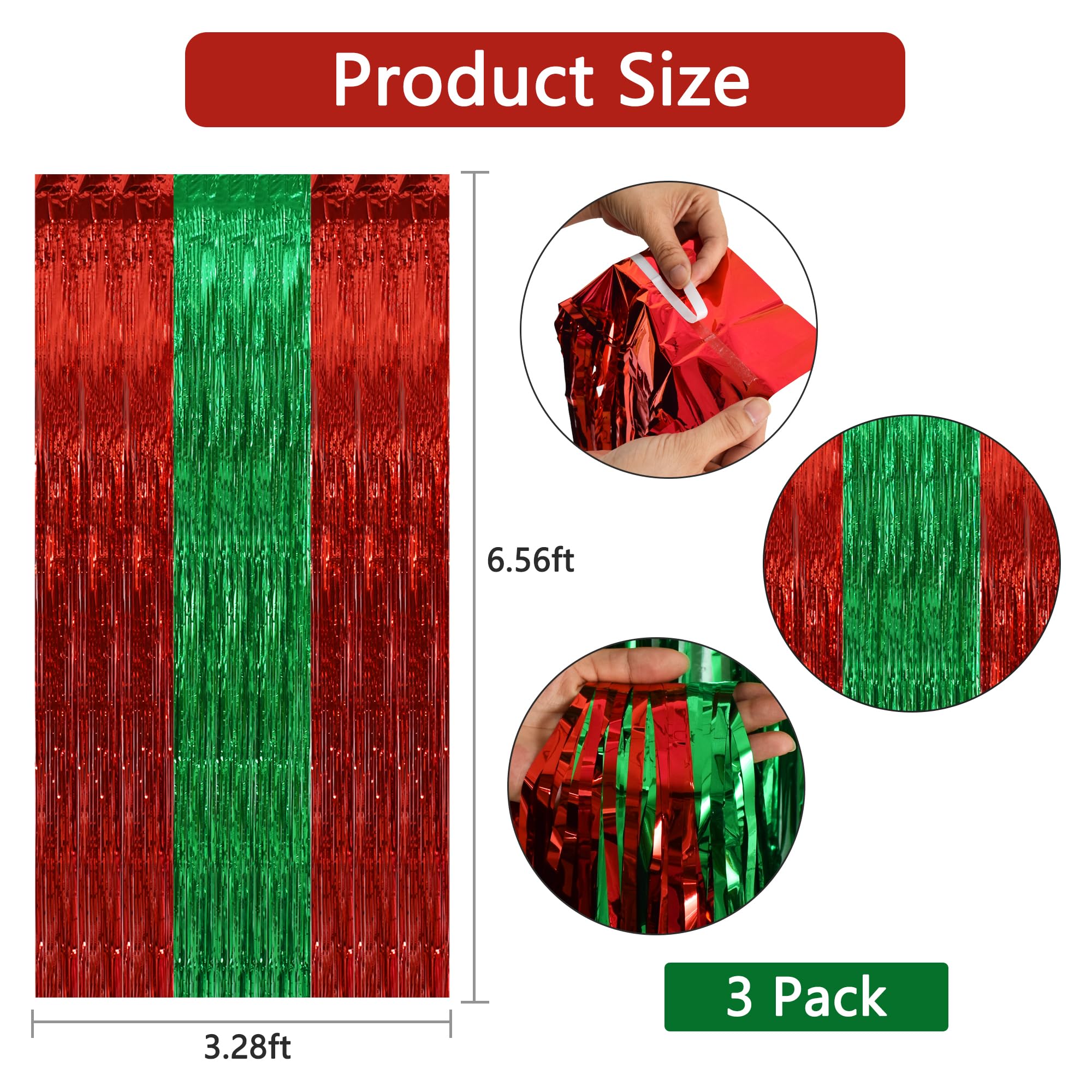 Beishida 3Pcs Red Green Door Streamer Christmas Day Backdrop Foil Fringe Tinsel Merry Christmas Curtains Backdrops For Christmas