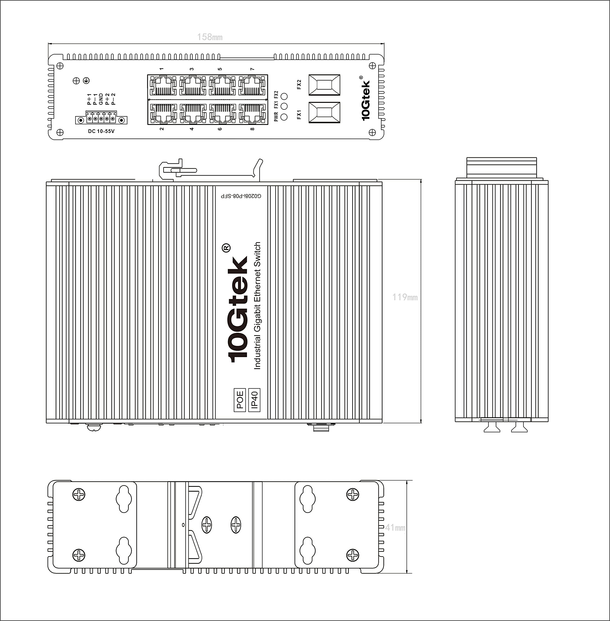 10 Port Gigabit Ethernet Fiber Converter, , Industrial Din Rail Network Switch( 40C ~ +85C), Poe 802.3Af/At (W/20 Km Sfp Transce