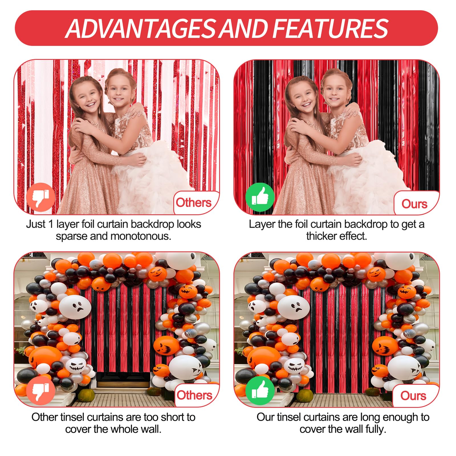 2 Pack Metallic Foil Tinsel Photo Booth Backdrop Streamer (Red And Black, 2 Pack)